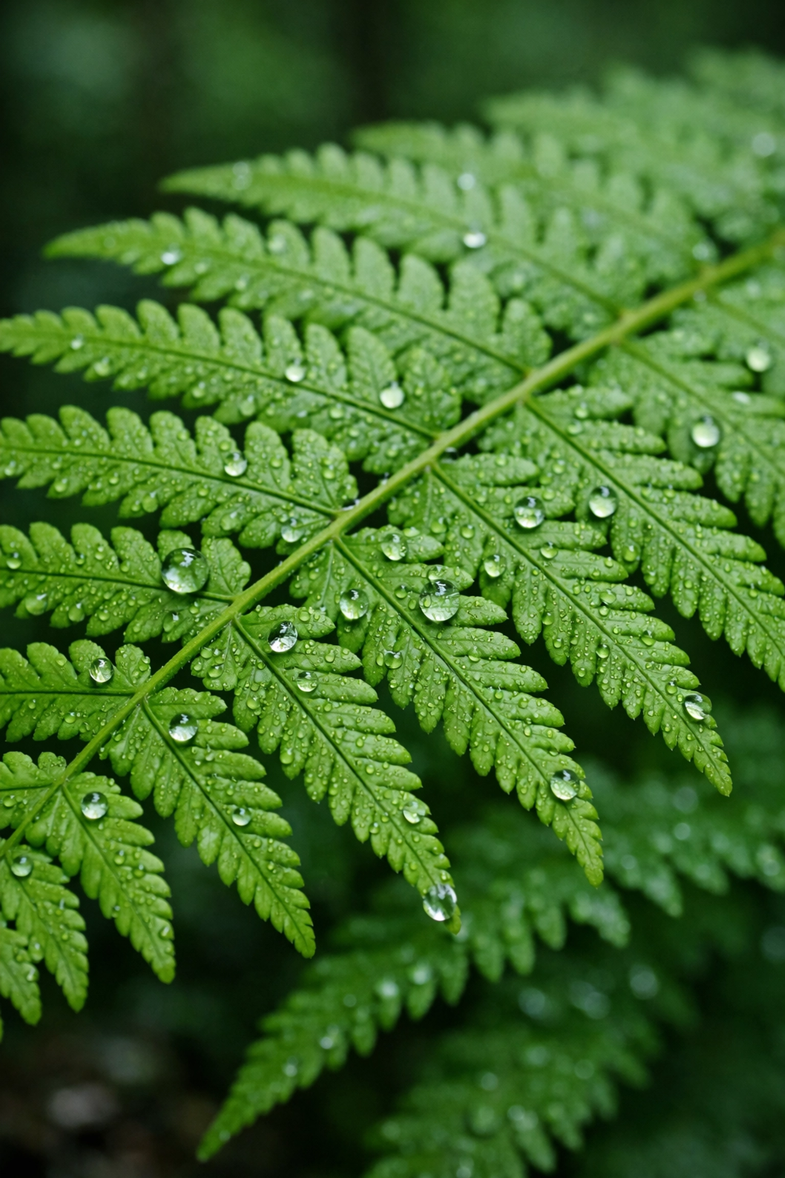 Macro photo of a green fern leaf showing the soft, even textures of overcast natural light.