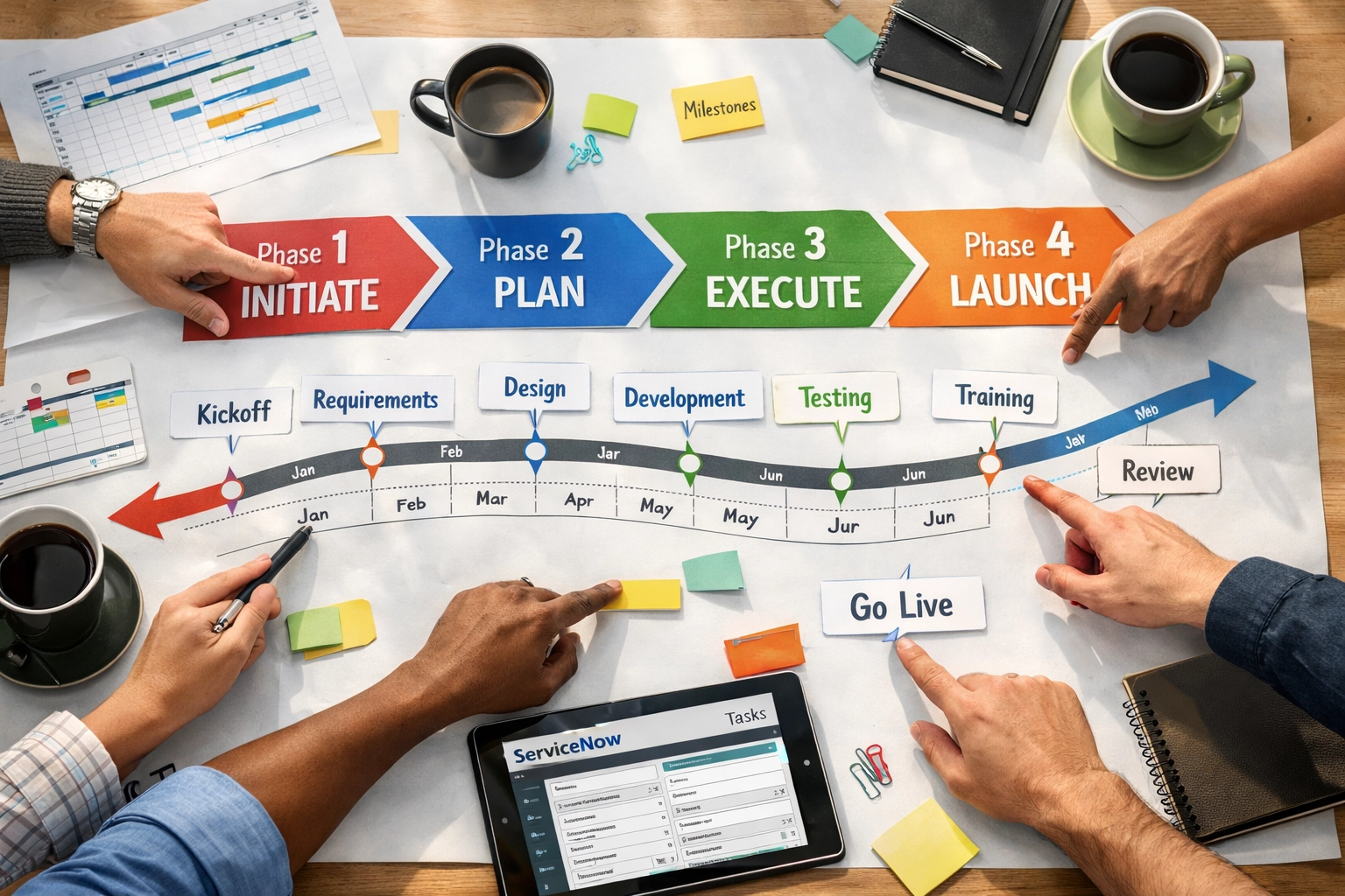 ServiceNow implementation team planning phased data migration strategy with project roadmap