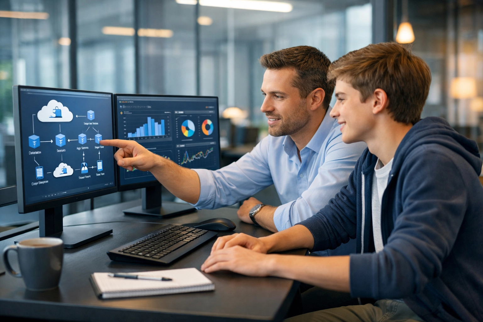 Professional mentoring high school intern on cloud architecture and data analytics