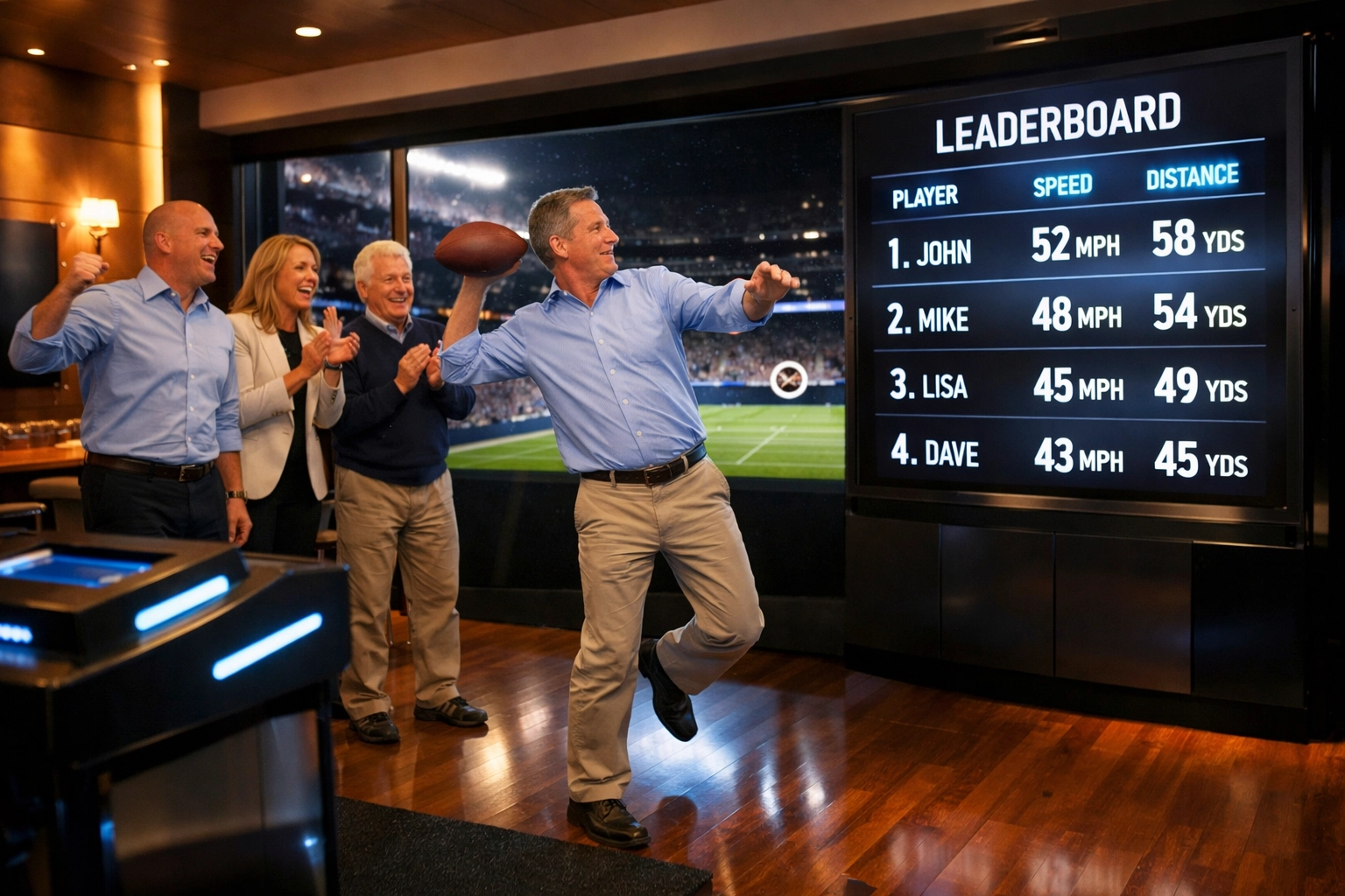 Corporate executives playing quarterback simulator at luxury Super Bowl client event