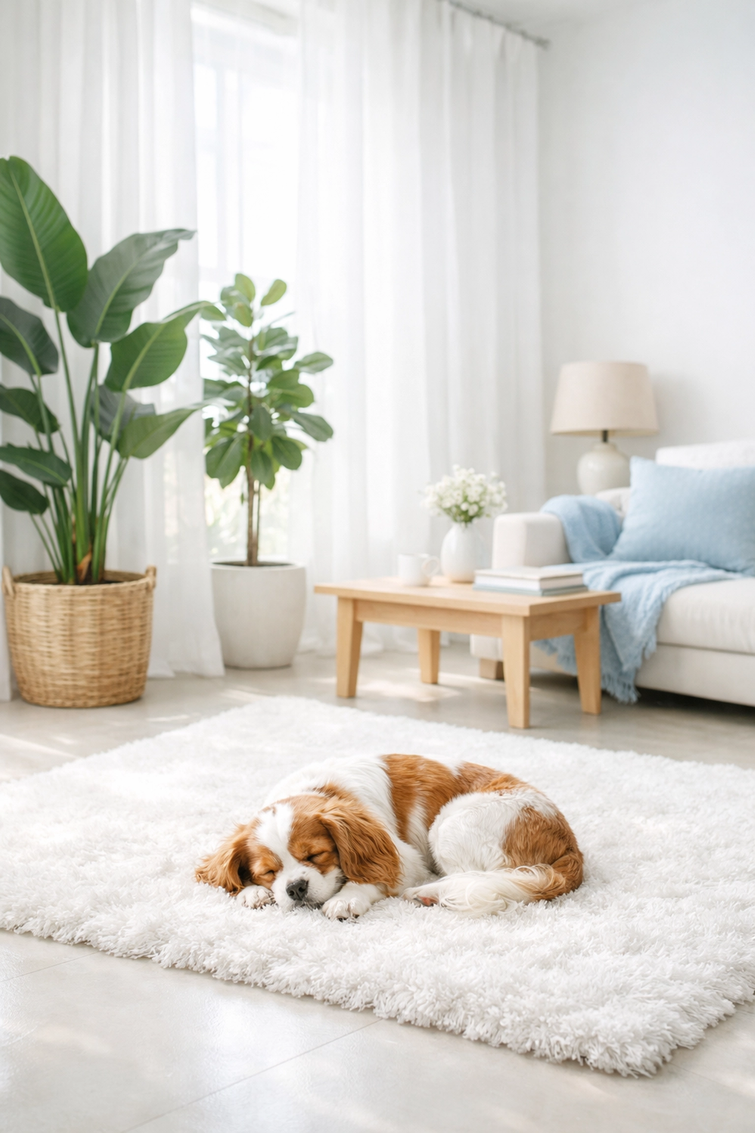 Pet-safe living room using eco-friendly move-in cleaning products for a healthy Massachusetts home.