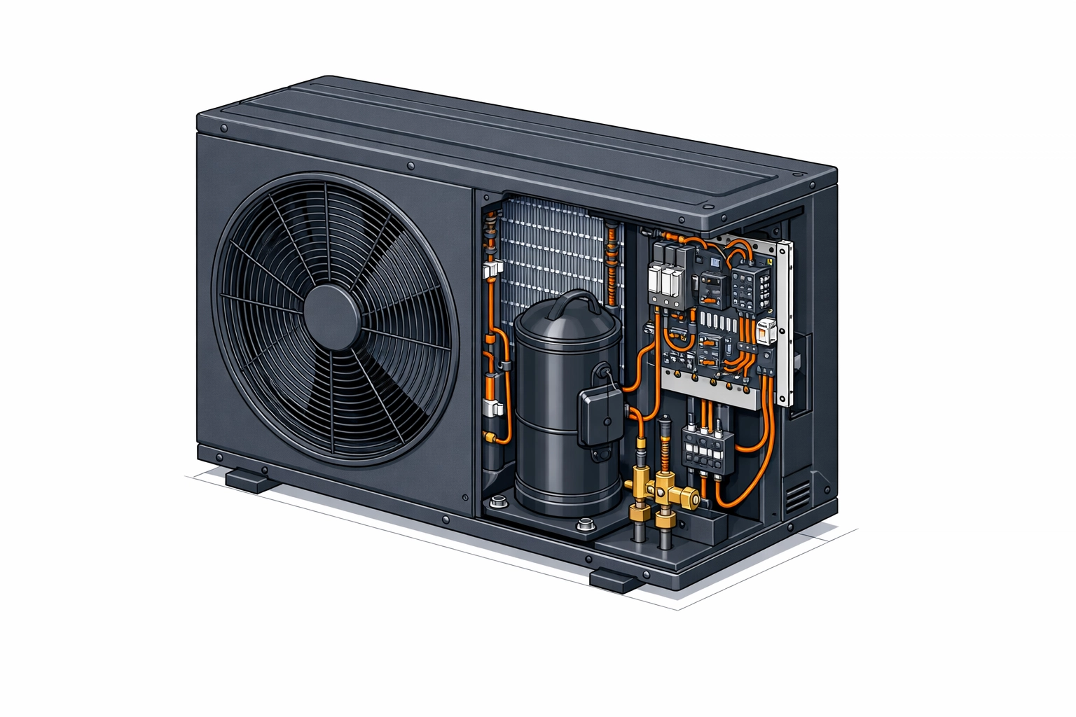 Wärmepumpe Außengerät mit sichtbaren Komponenten und elektrischen Anschlüssen
