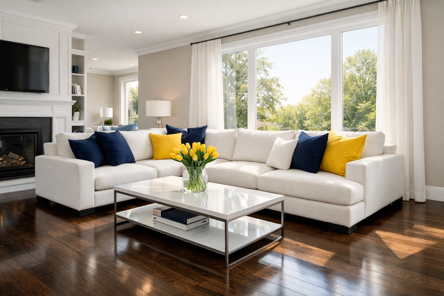 Pristine living room in Leominster MA showing the results of consistent weekly residential cleaning services.