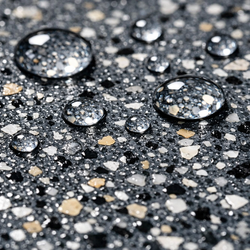 Close-up of slip-resistant floor coating texture with water beads on Brandon MS garage floor