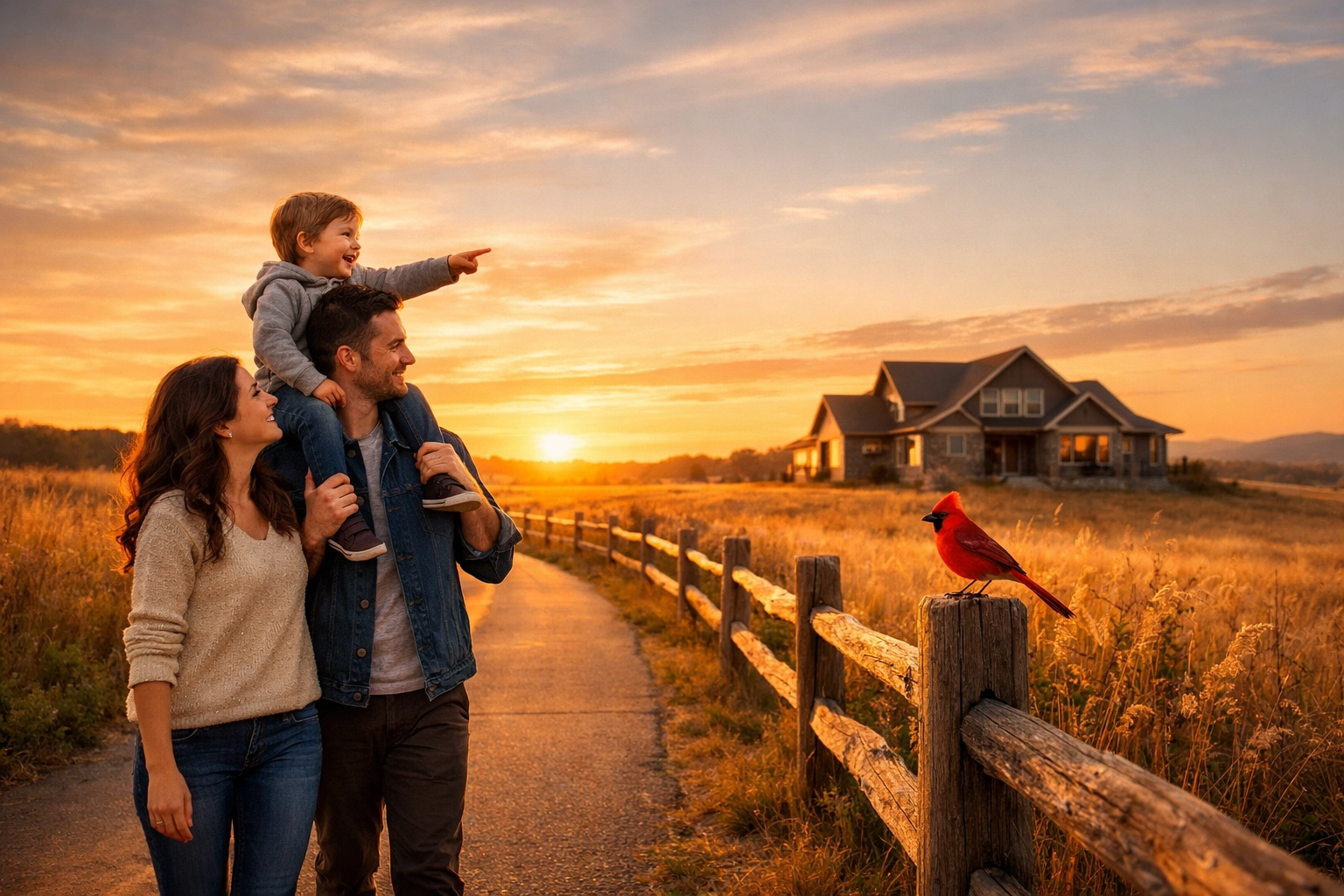 A family walks along a Raymore nature trail near a new craftsman home in a top Missouri neighborhood.