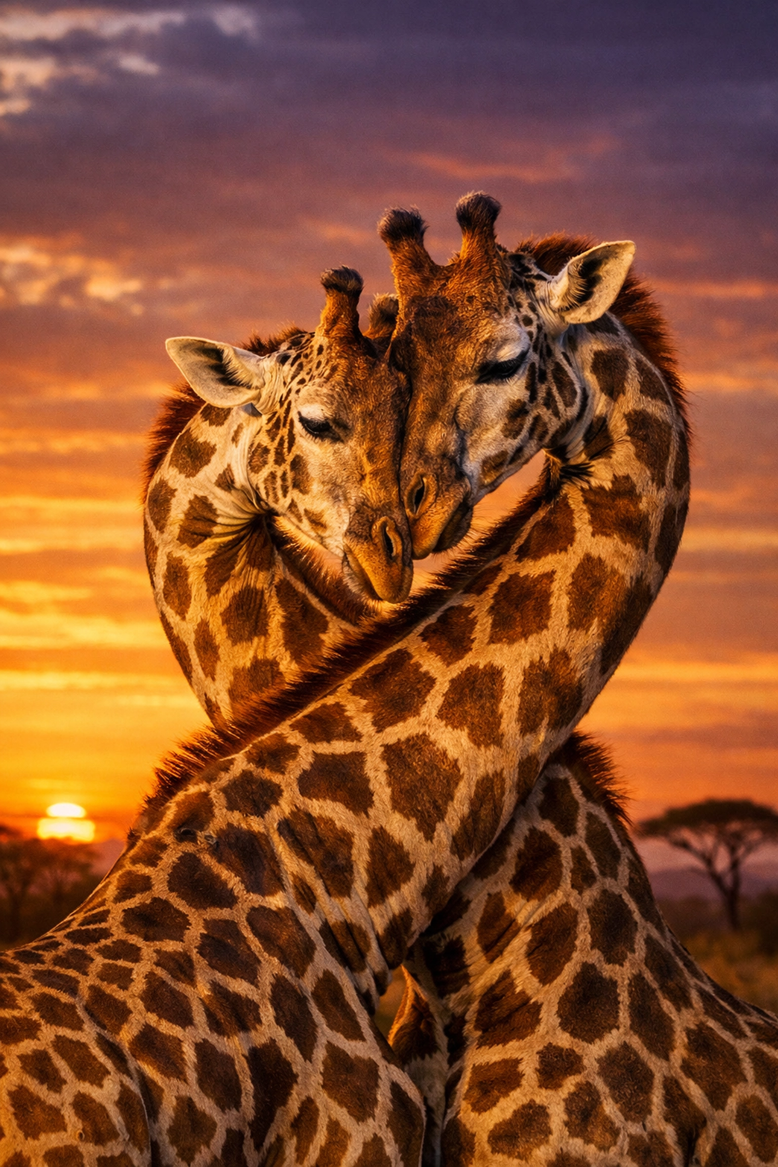 Two male giraffes affectionately nuzzling in the African savannah at sunset, showcasing same-sex intimacy.