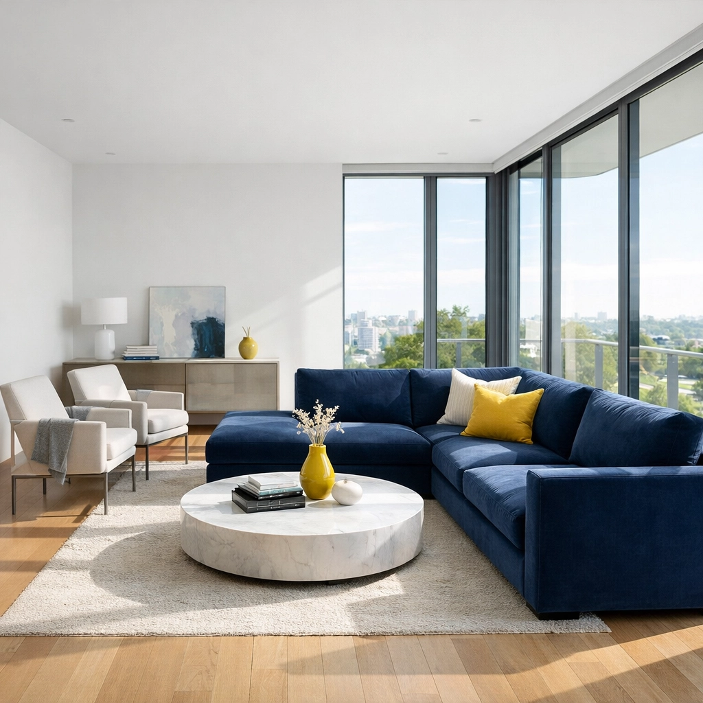 Clean modern living room after renovation, allowing dust to settle before the final second pass cleaning.