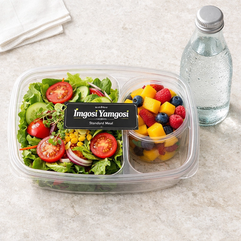 A nutritious pre-packaged meal with fresh salad and fruit cup, meeting Imgosi Yamgosi quality standards.