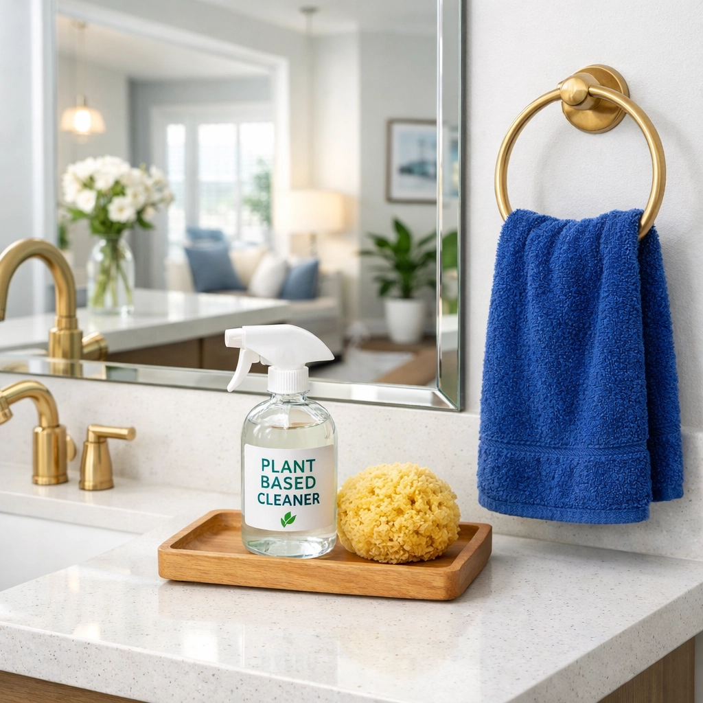 Sparkling clean bathroom vanity showing results of eco-friendly apartment cleaning in Quincy.