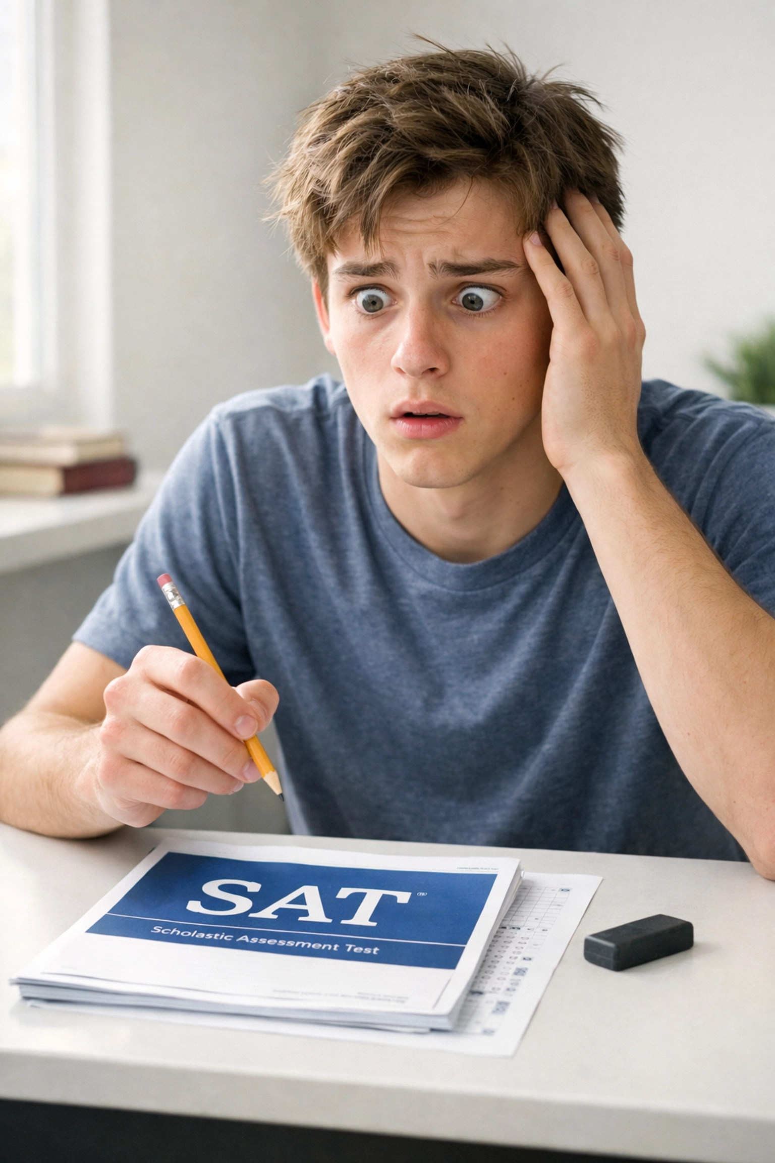 Student experiencing SAT test anxiety while studying at desk with test booklet
