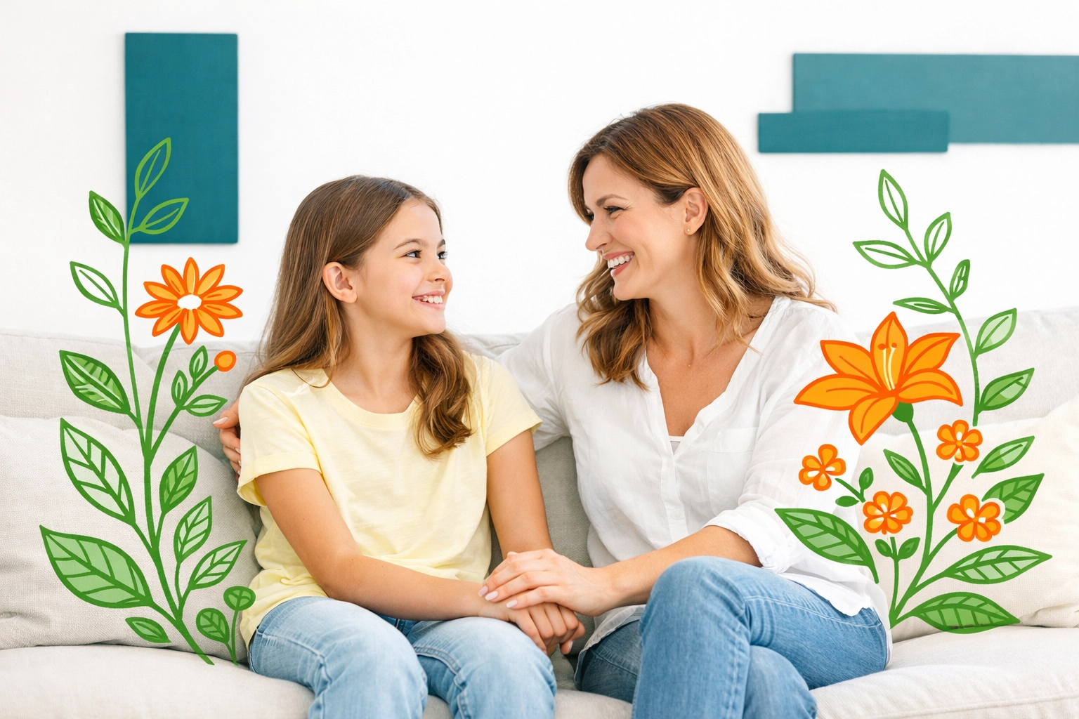 Mother and daughter engaging in character-building conversation about growth and life skills.