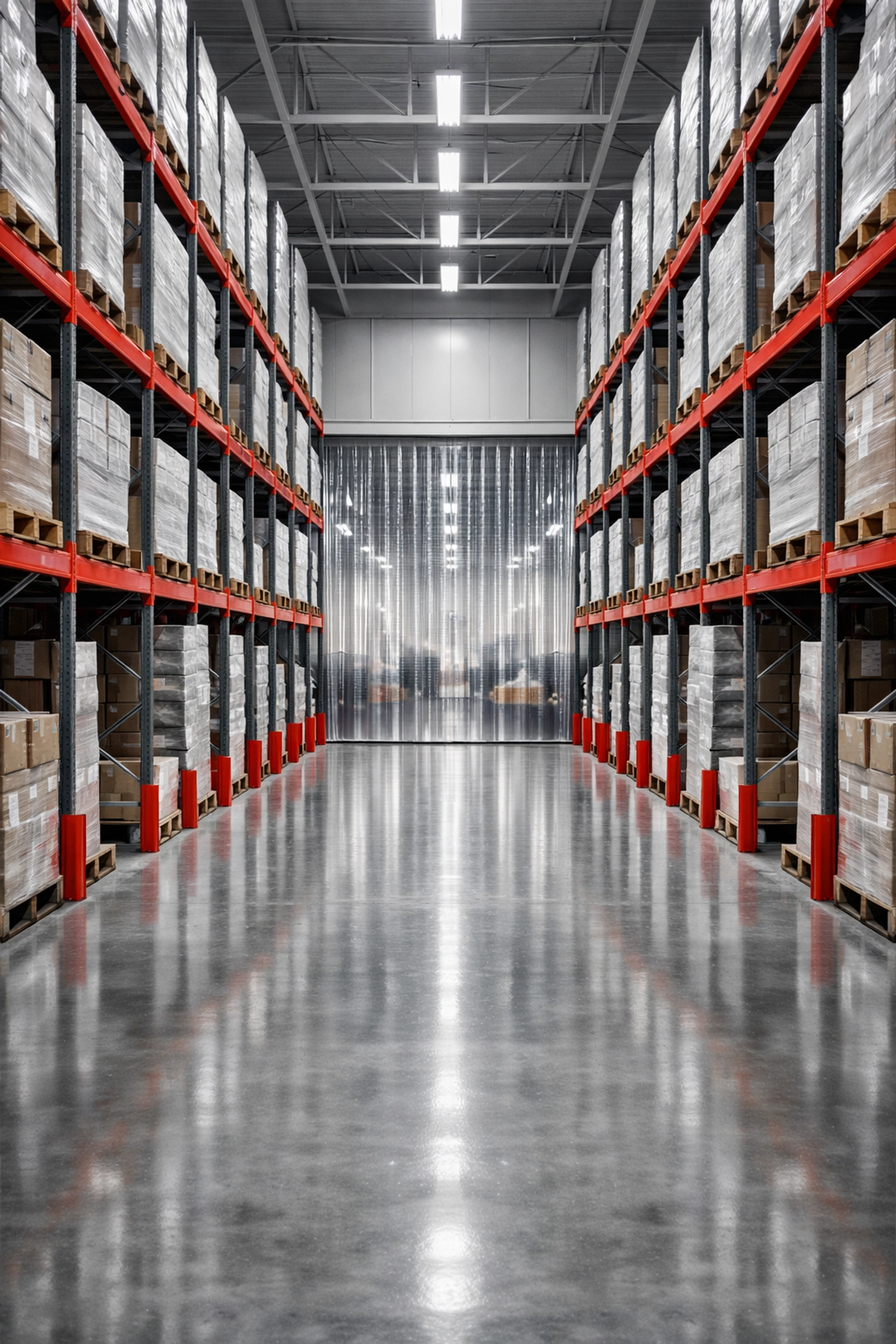 Floor-to-ceiling industrial PVC strip curtains creating a clear partition between warehouse work zones.