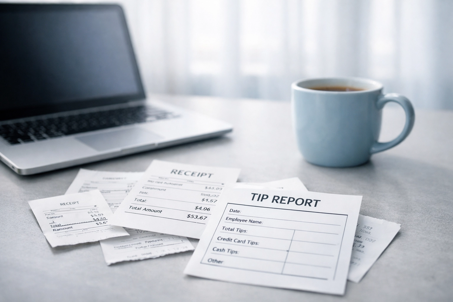 Laptop and receipts for claiming OBBBA overtime and tip deductions on Form 1040