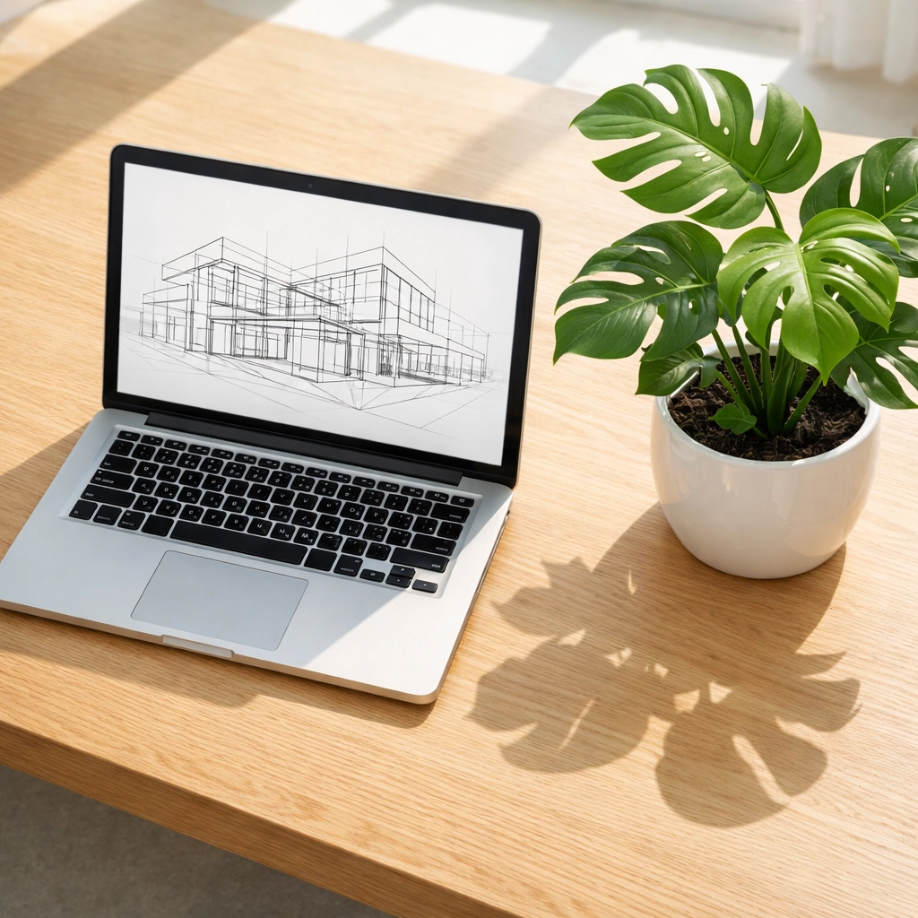 Laptop on a modern white desk showing a custom website wireframe for scalable business growth.