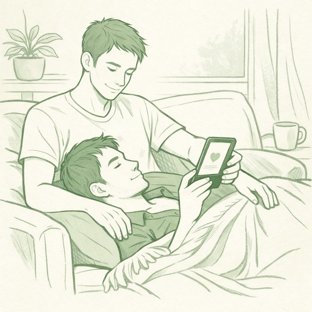 A gay couple enjoying MM romance ebooks on a digital reader in a peaceful domestic setting.