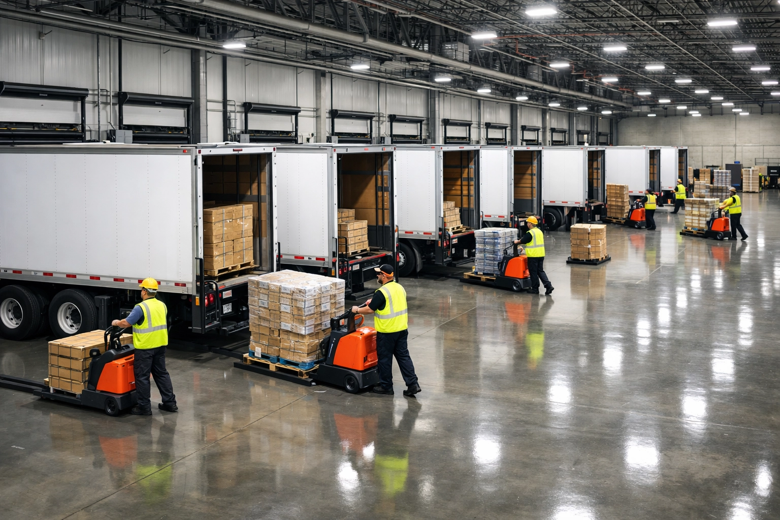 Warehouse operators loading semi-trucks at an efficient industrial dock to eliminate logistics friction.