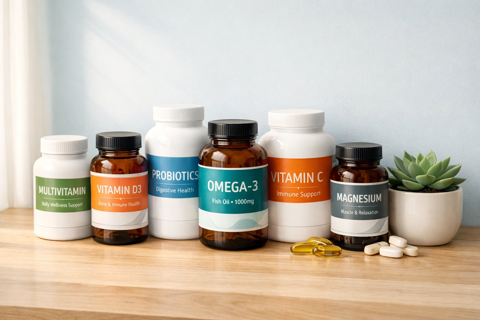 Vitamin and supplement bottles supporting recovery during intense training cycles