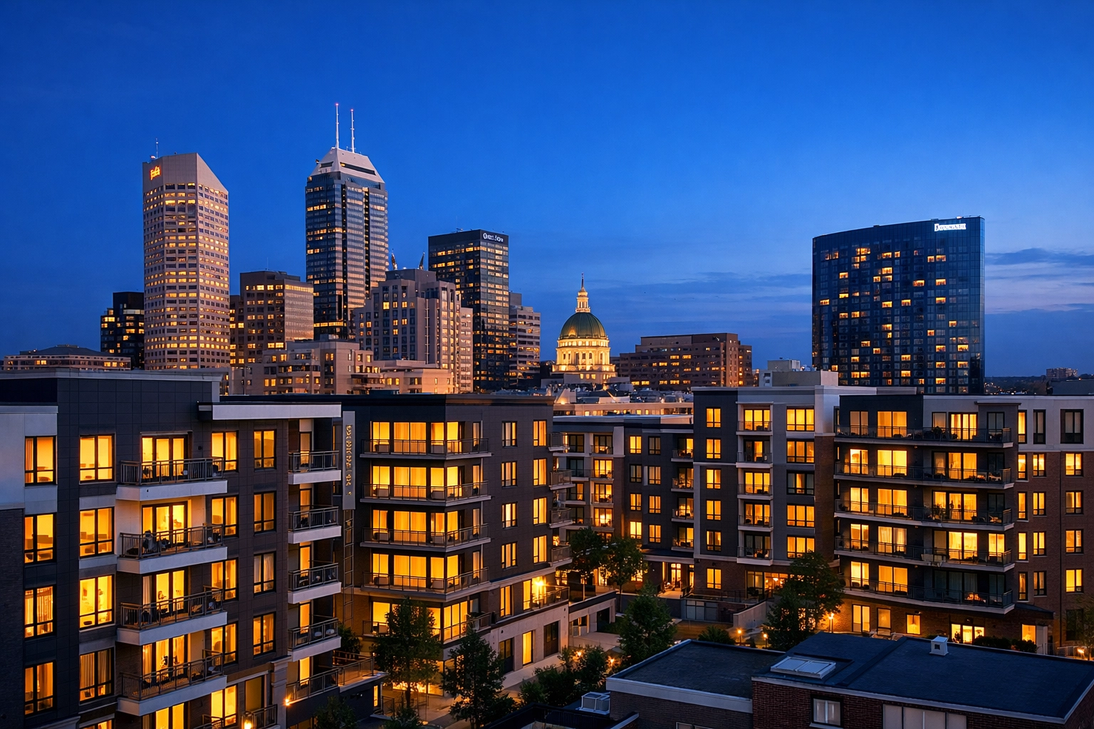 Modern Indianapolis residential skyline representing regional property management authority in the Midwest.
