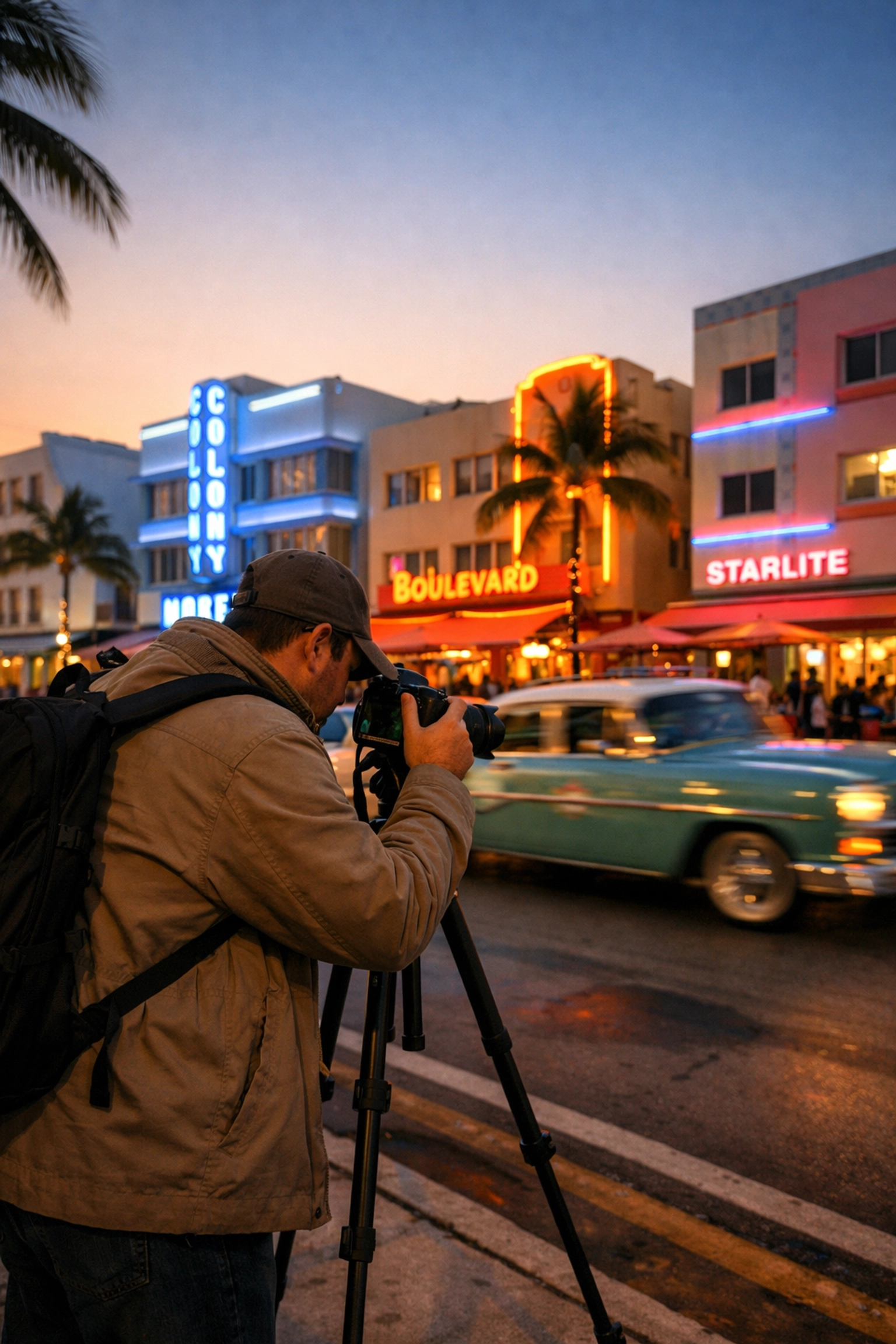 Professional photographer shooting Art Deco hotels in South Beach during a Miami photography tour.