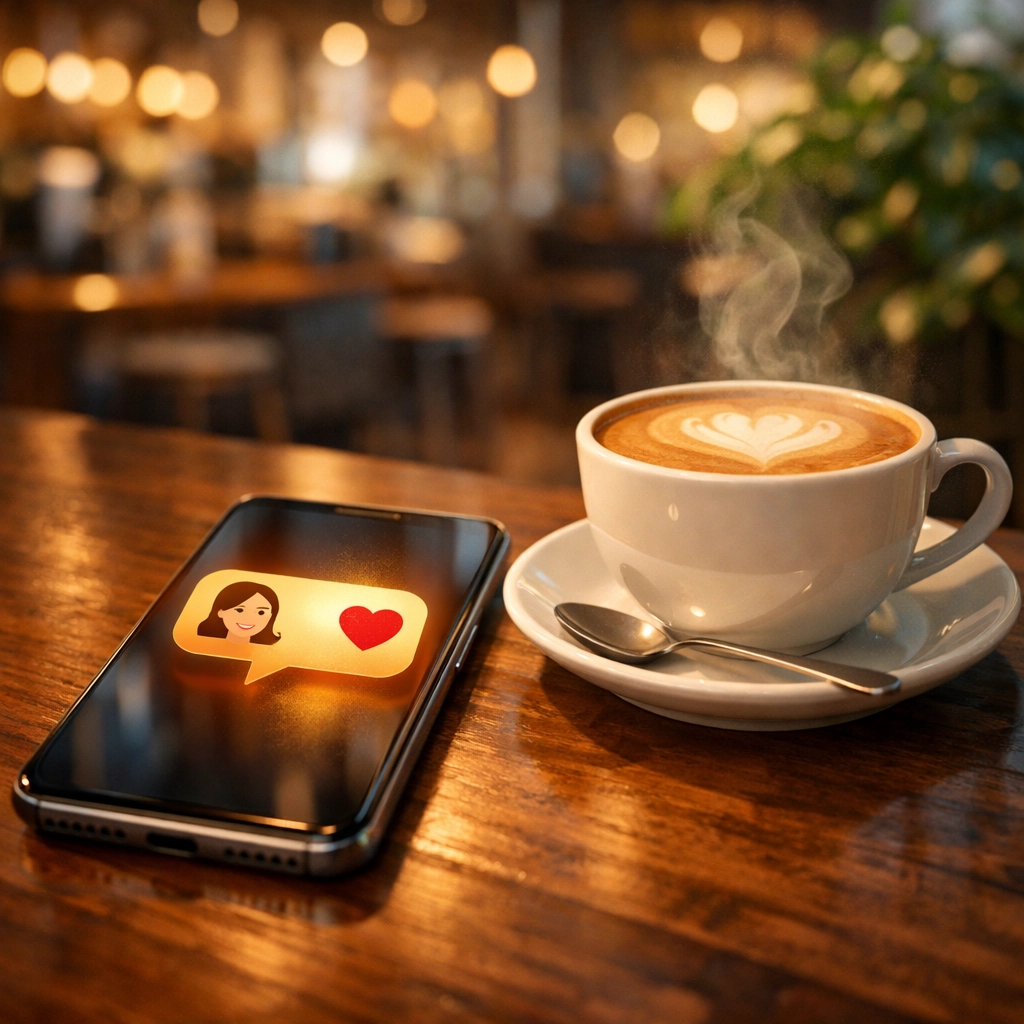 Personalized review request on a smartphone screen next to a coffee cup in a modern cafe.