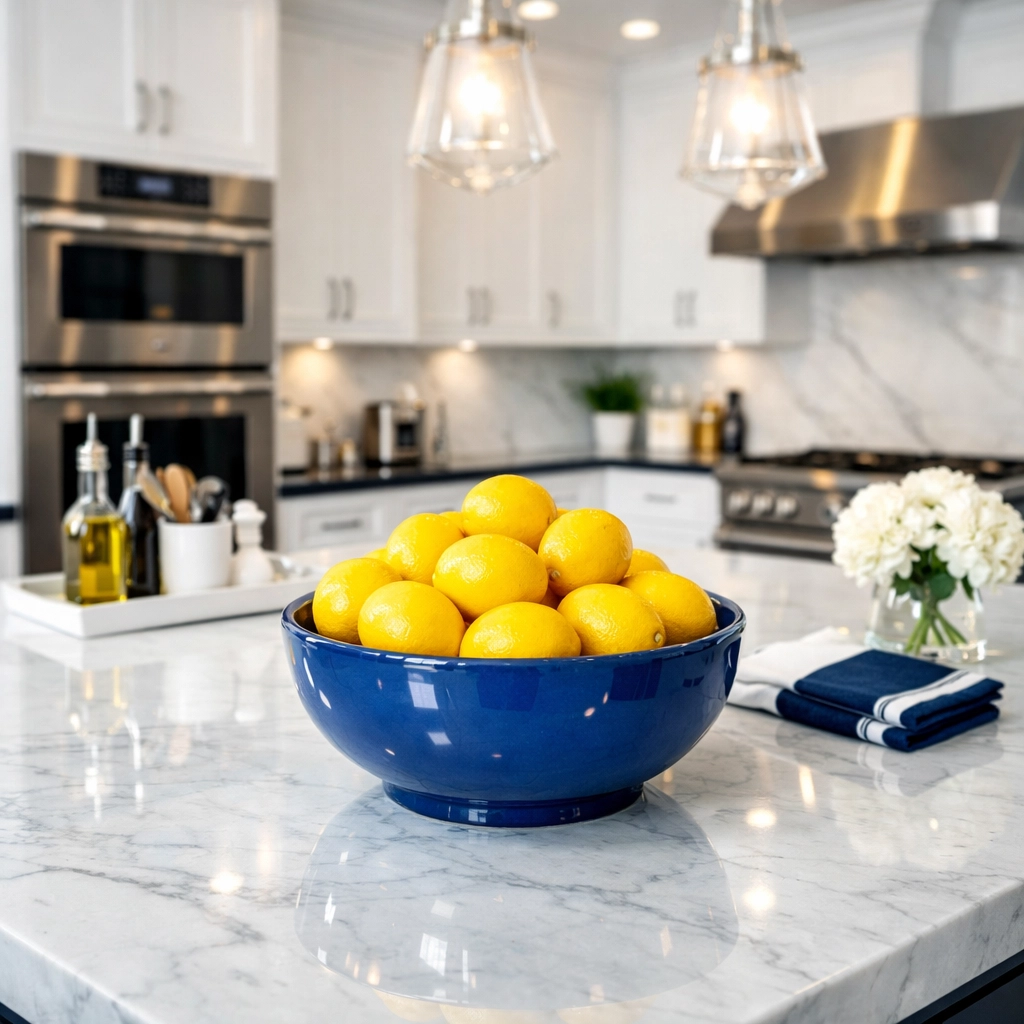 Polished marble kitchen island and organized counters after professional weekly house cleaning in Natick MA.