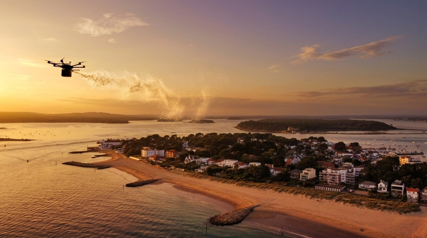 A stunning aerial view of Pentewan Sands in Cornwall at sunset, showing a half-mile stretch of golden sand between two green cliffs as a drone performs a scattering ceremony.
