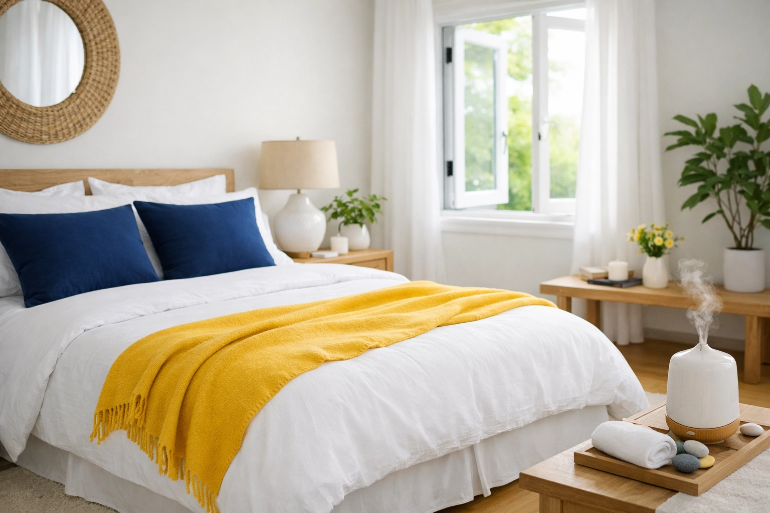 Fresh, allergen-free master bedroom sanctuary featuring clean air from regular weekly cleaning in Leominster.