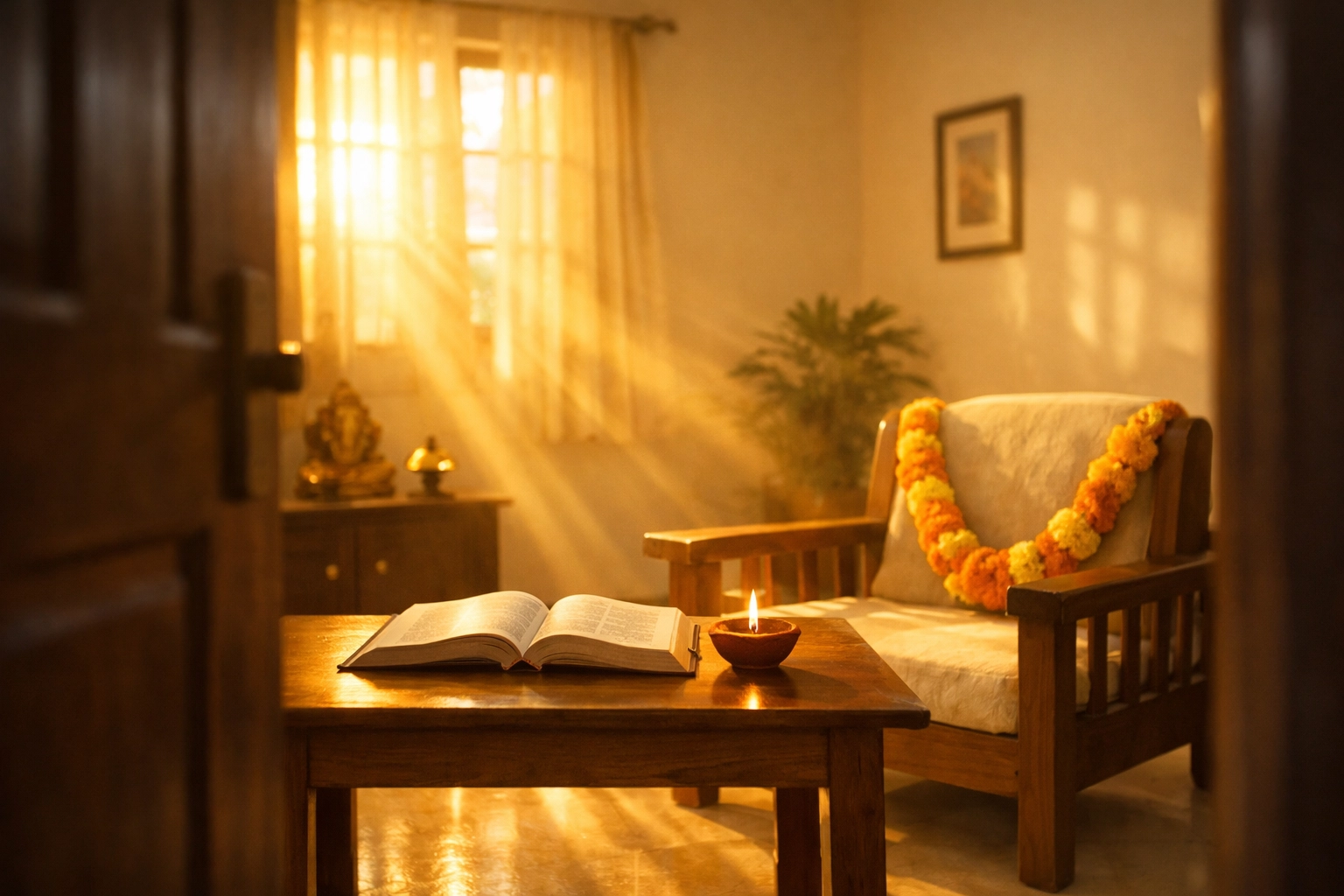 A peaceful Indian home prayer space with an open Bible and lamp, representing private worship.