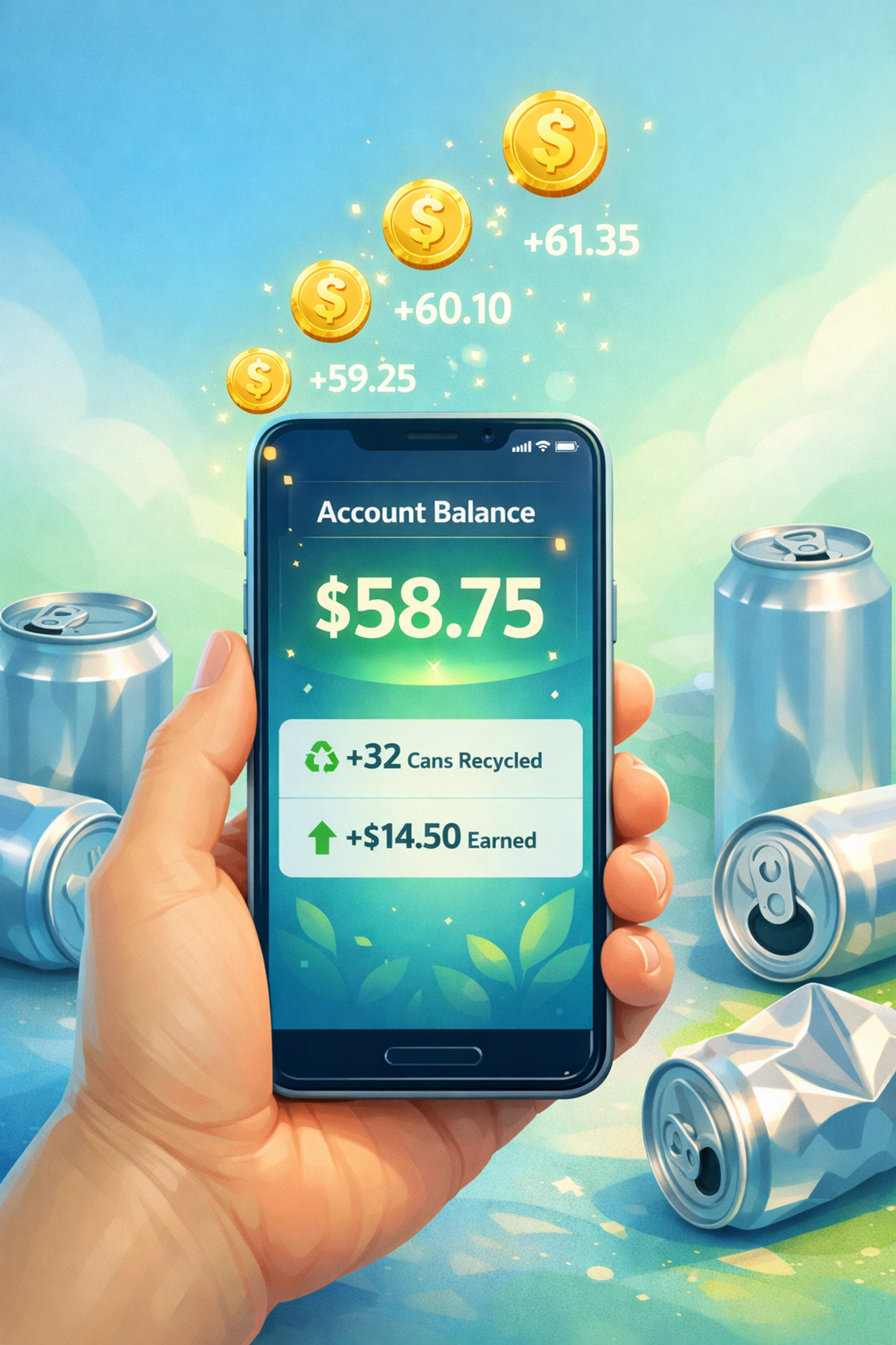 Real-time tracking of cash earnings from recycled aluminum cans on mobile app