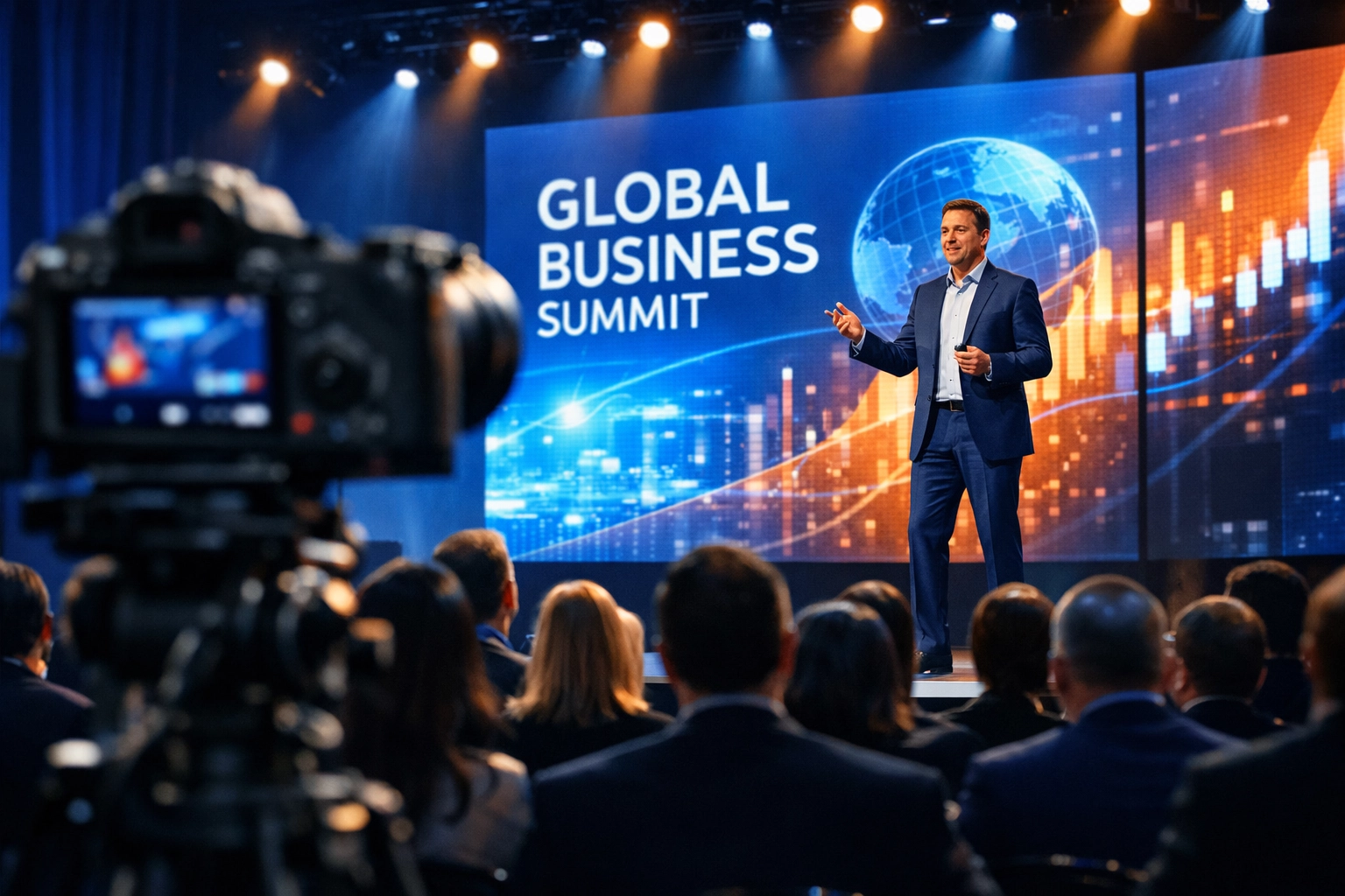 NYC event photographer capturing a keynote speaker on a bright stage in a professional Manhattan ballroom.