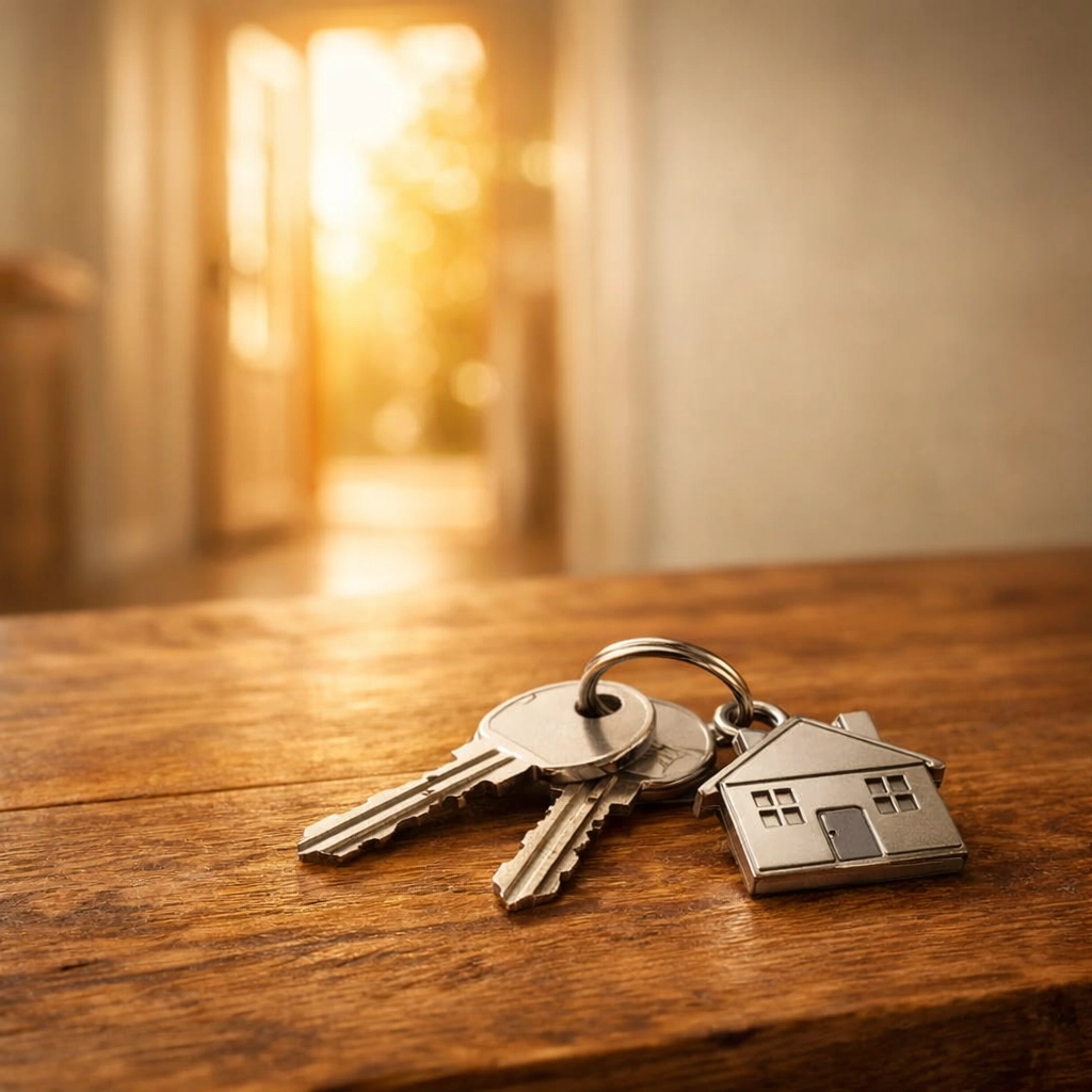 Silver house keys on a wooden table representing a fresh start for New Jersey families after fire damage.