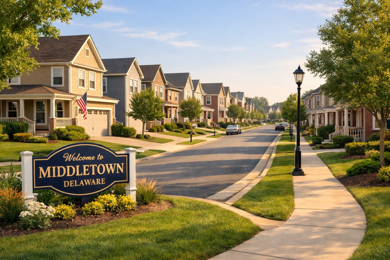 Well-maintained single-family homes and townhouses in Middletown Delaware residential neighborhood