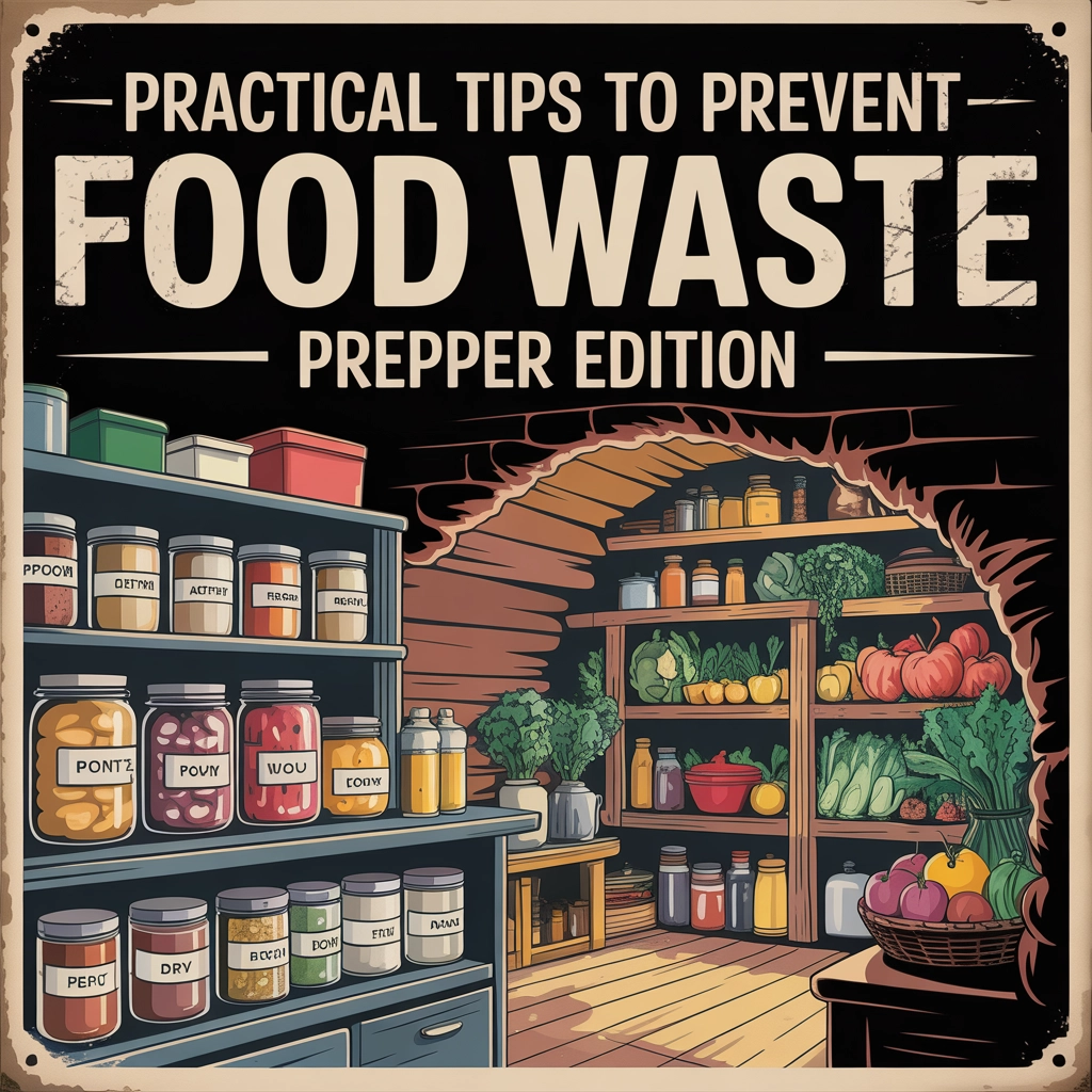 Title graphic for Stop Wasting Money! Unlock the Secrets to Zero Food Waste is an illustration of root cellar with jarred items on shelves to the left and stacked food items on wooden shelving in the back room of the cellar to the right. 