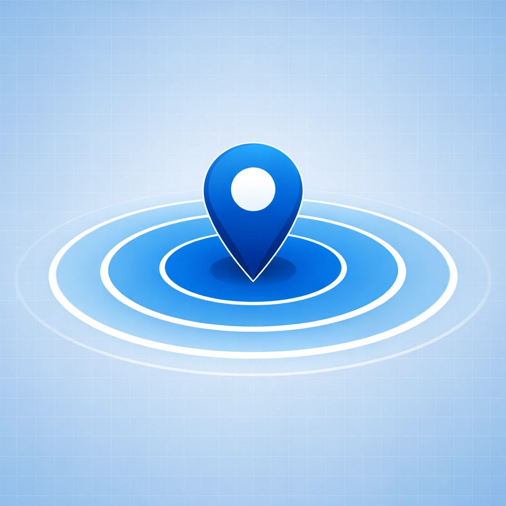 Map pin with expanding rings illustrating increased local search reach and business market expansion.