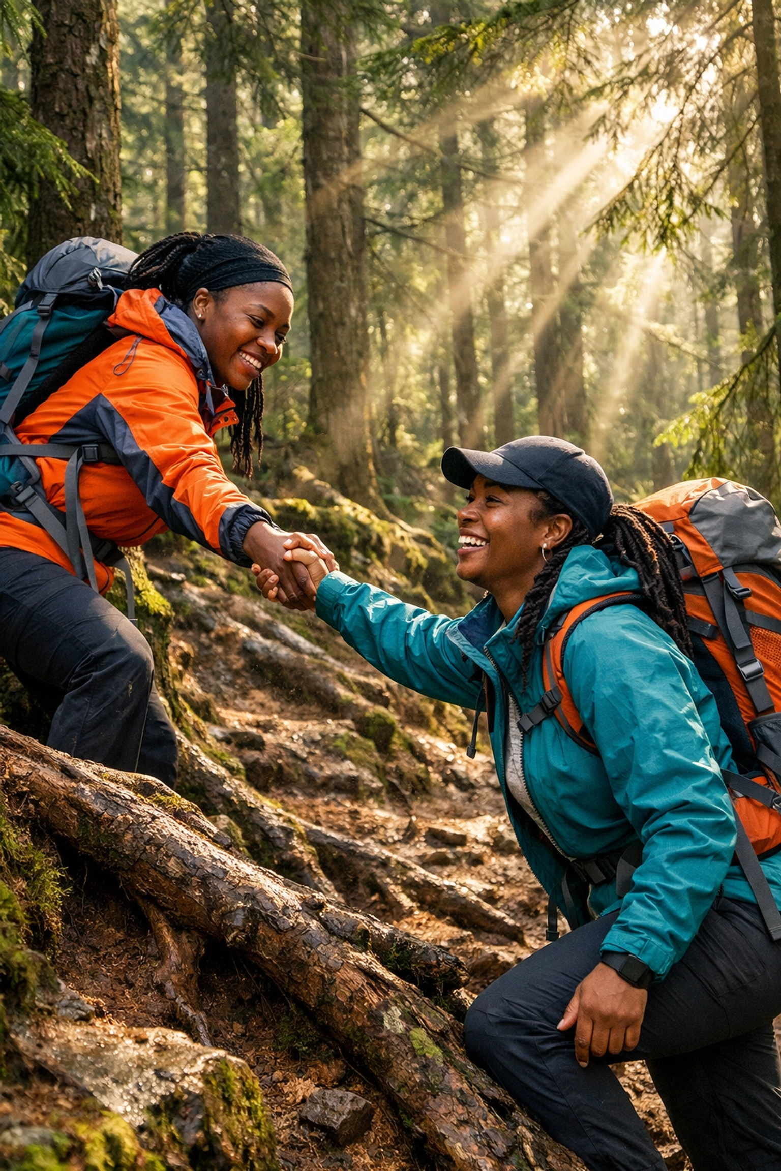 Two Black lesbian hikers supporting each other on a lush forest trail, highlighting inclusive queer BIPOC adventure.