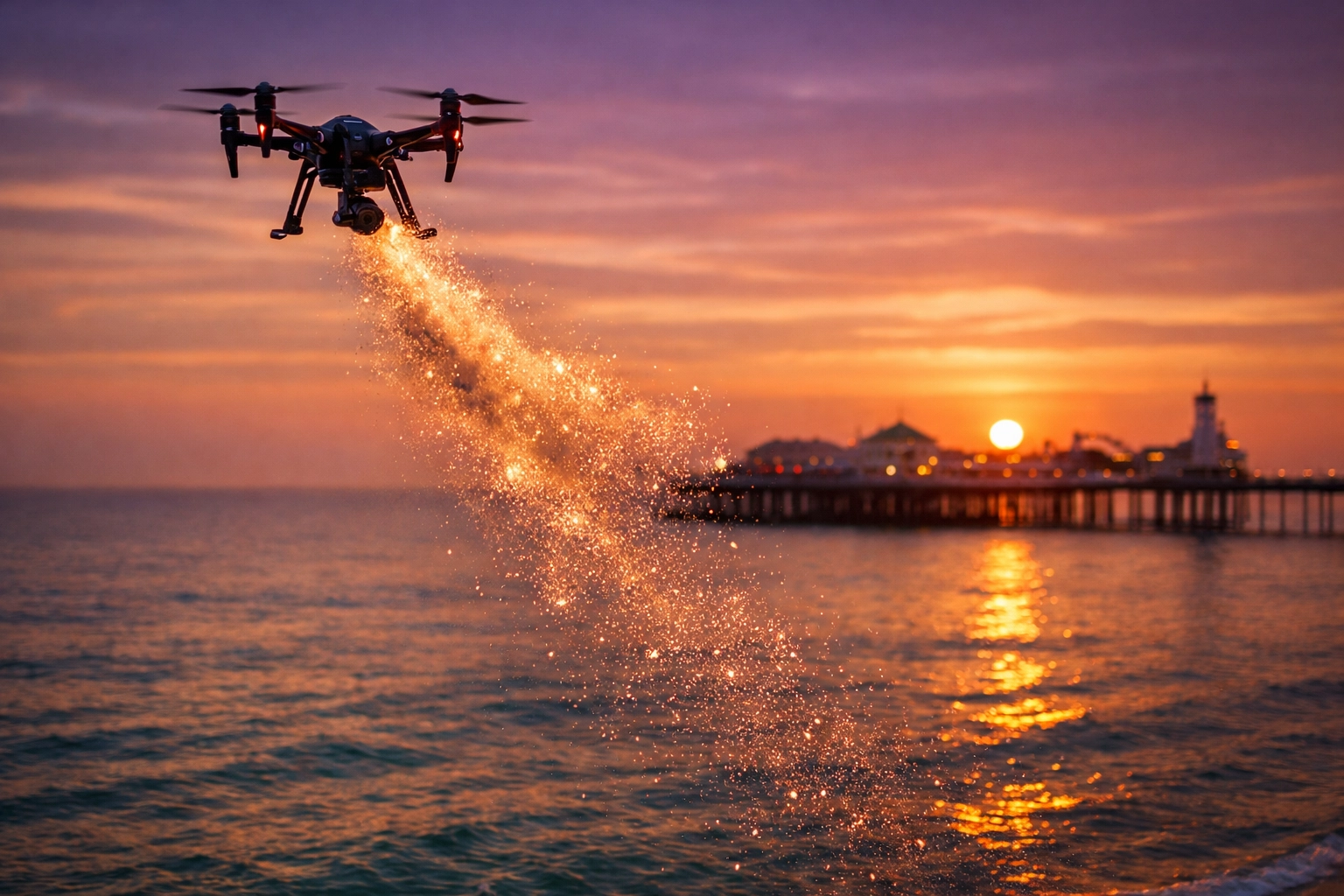 Serene drone ashes scattering ceremony at Brighton Beach during a peaceful sunset over the sea.