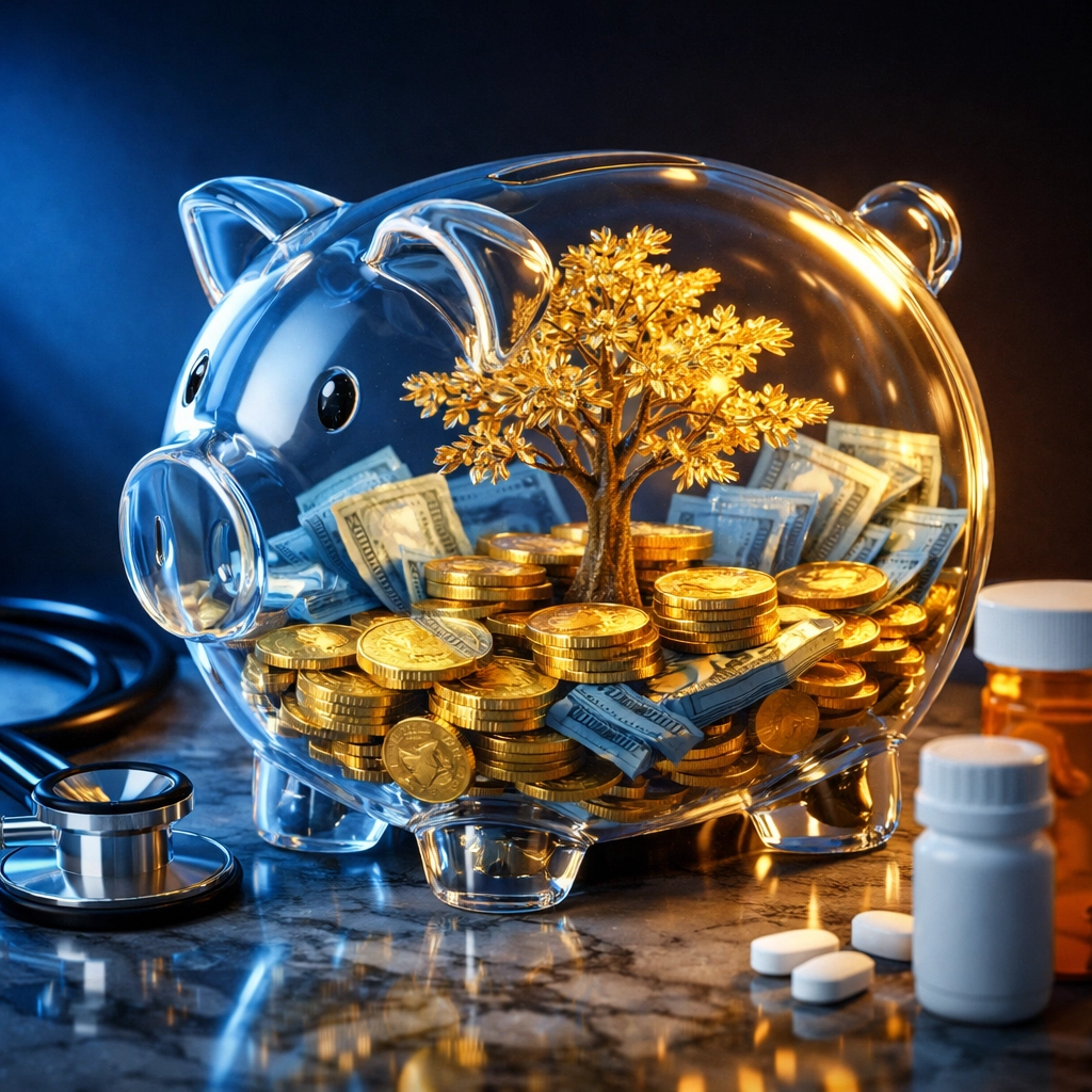 Health savings account concept with piggy bank and medical symbols representing tax-free growth