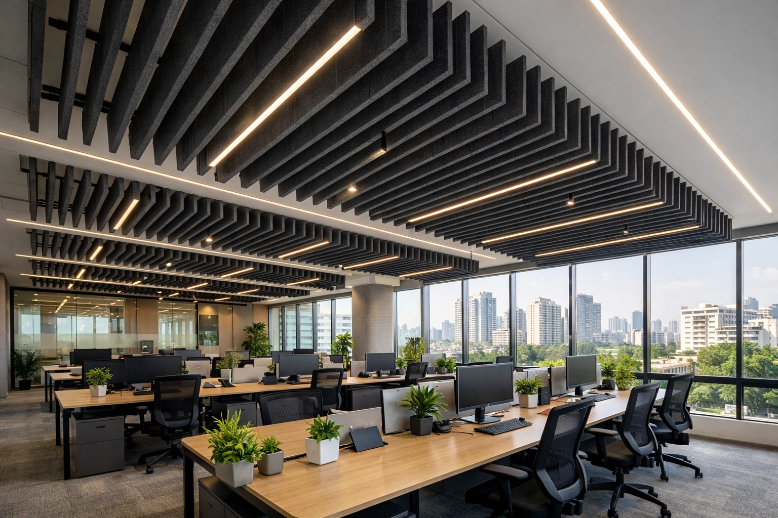 Modern Indian open-plan office featuring charcoal-grey PET acoustic baffles for sound absorption.