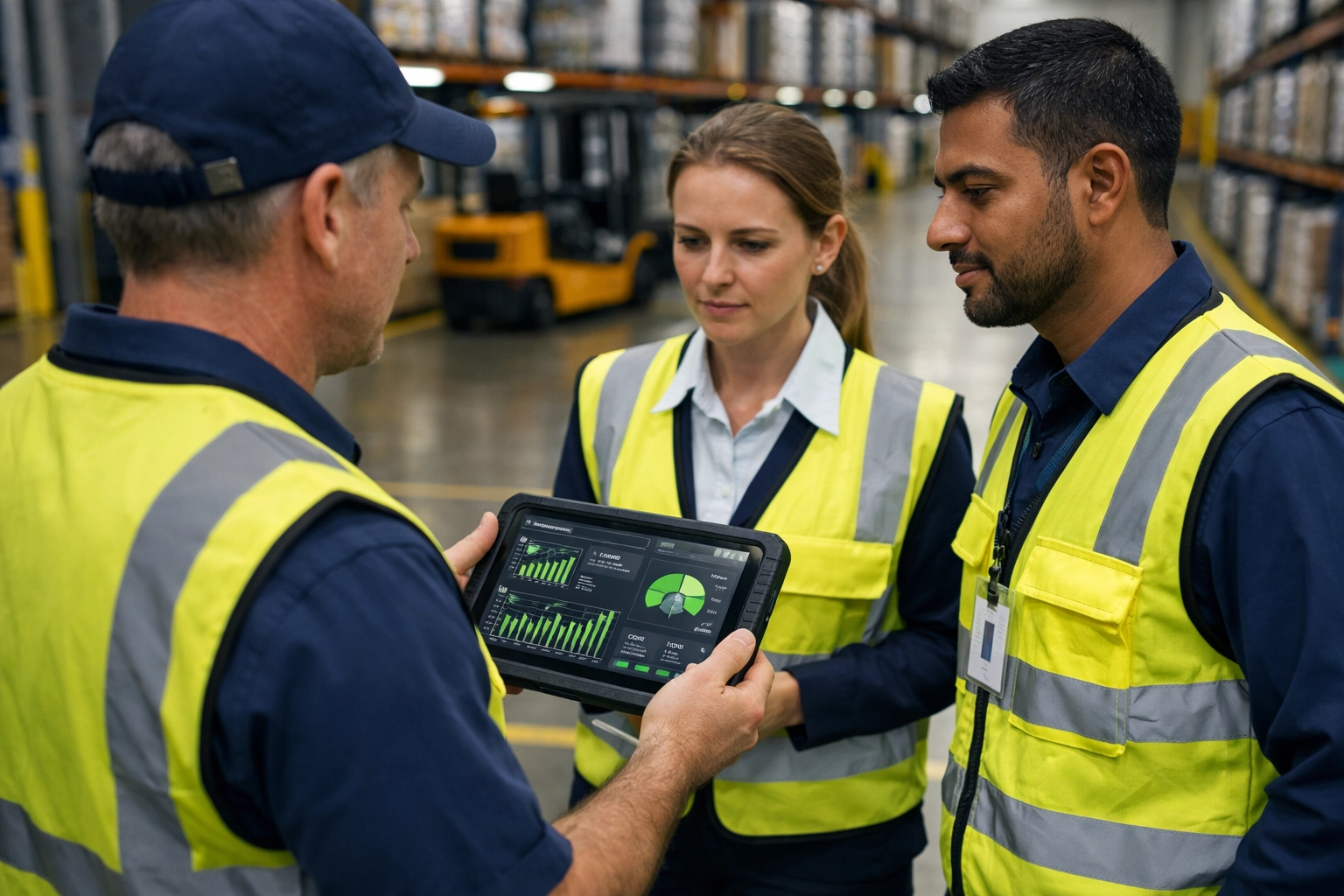Logistics team reviewing performance metrics on a tablet during an evening shift safety stand-up meeting.