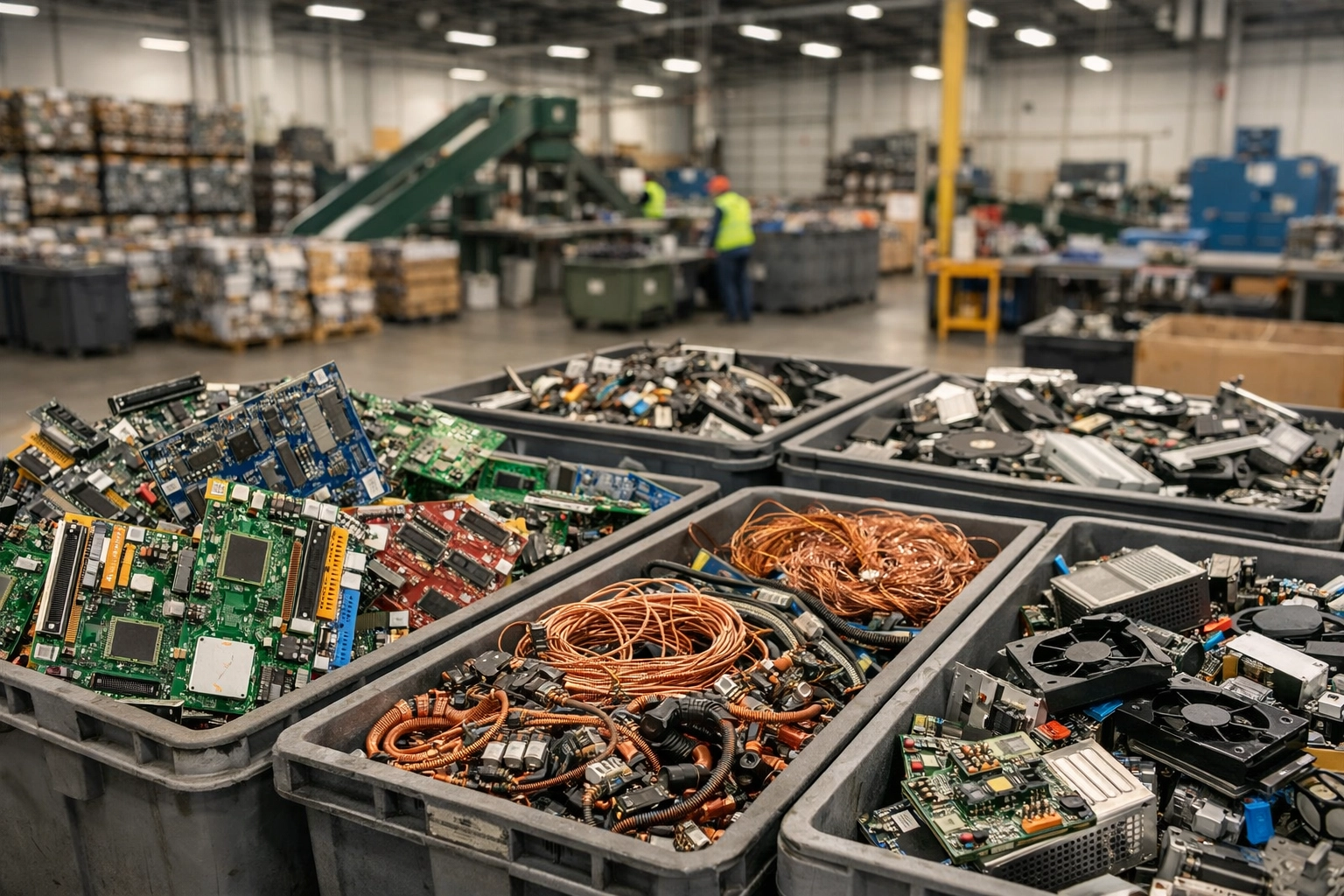 Recycled circuit boards and electronic components organized in crates at a WEEE recycling facility.