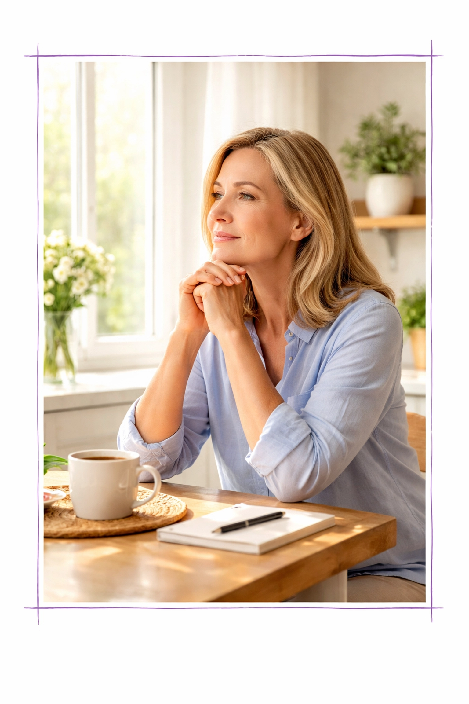 Middle-aged woman reflecting at a kitchen table, highlighting real estate decision anxiety in Los Angeles. Middle-aged woman reflecting at a kitchen table, highlighting real estate decision anxiety in Los Angeles.