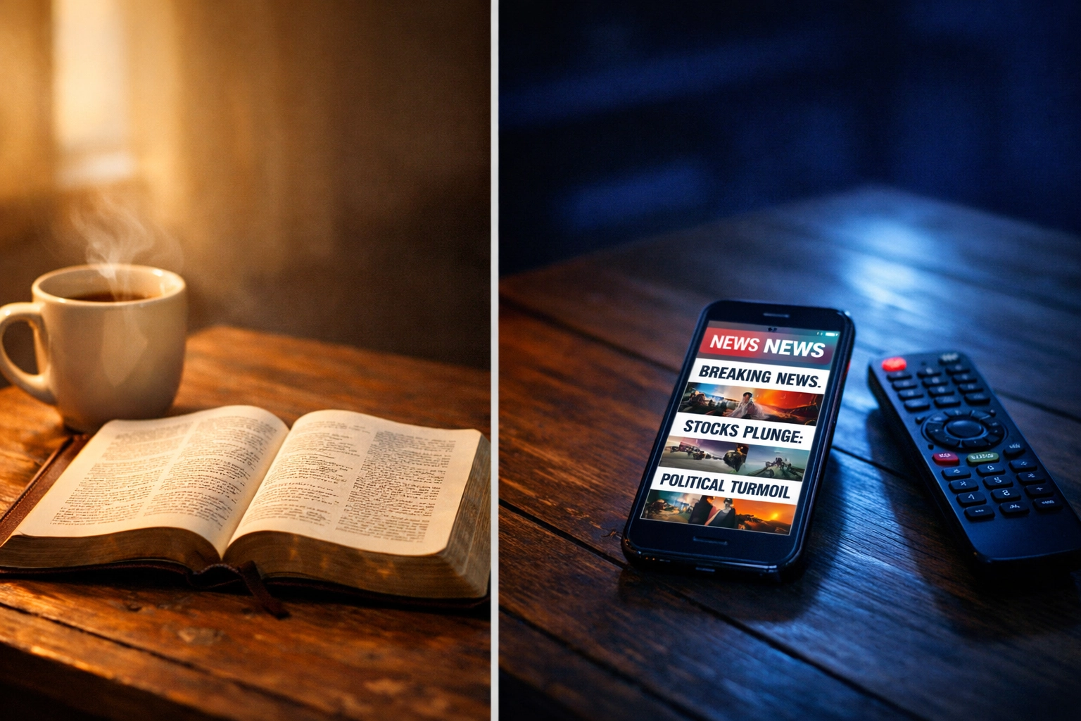 Open Bible beside smartphone with news headlines - choosing Scripture before media