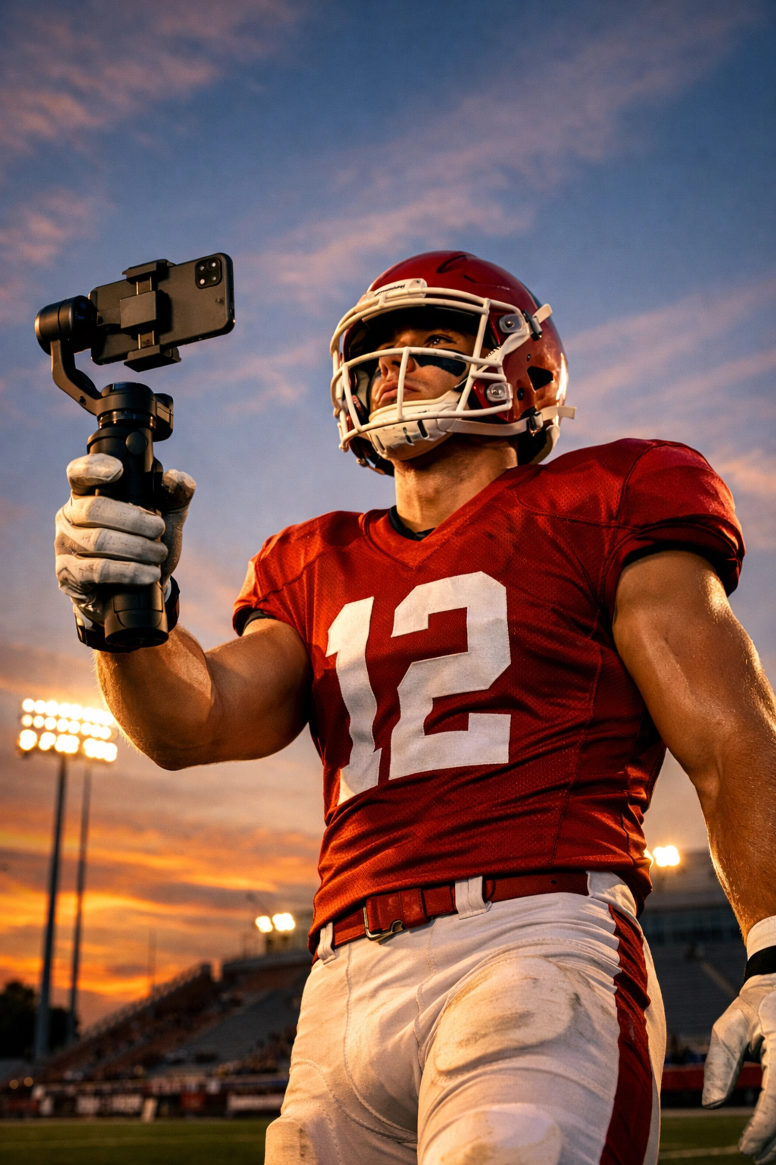 College athlete creating authentic social media content on football field for brand partnership