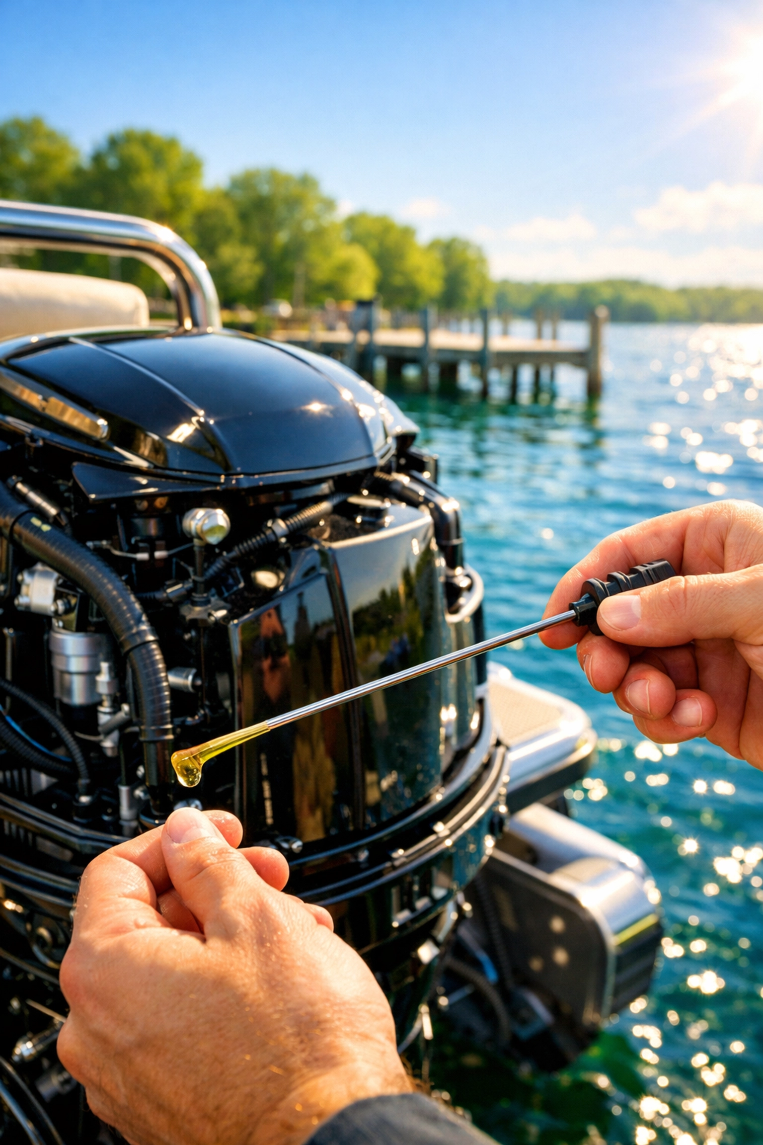 Checking the oil dipstick on a pontoon boat outboard engine during spring boat maintenance at a lake.