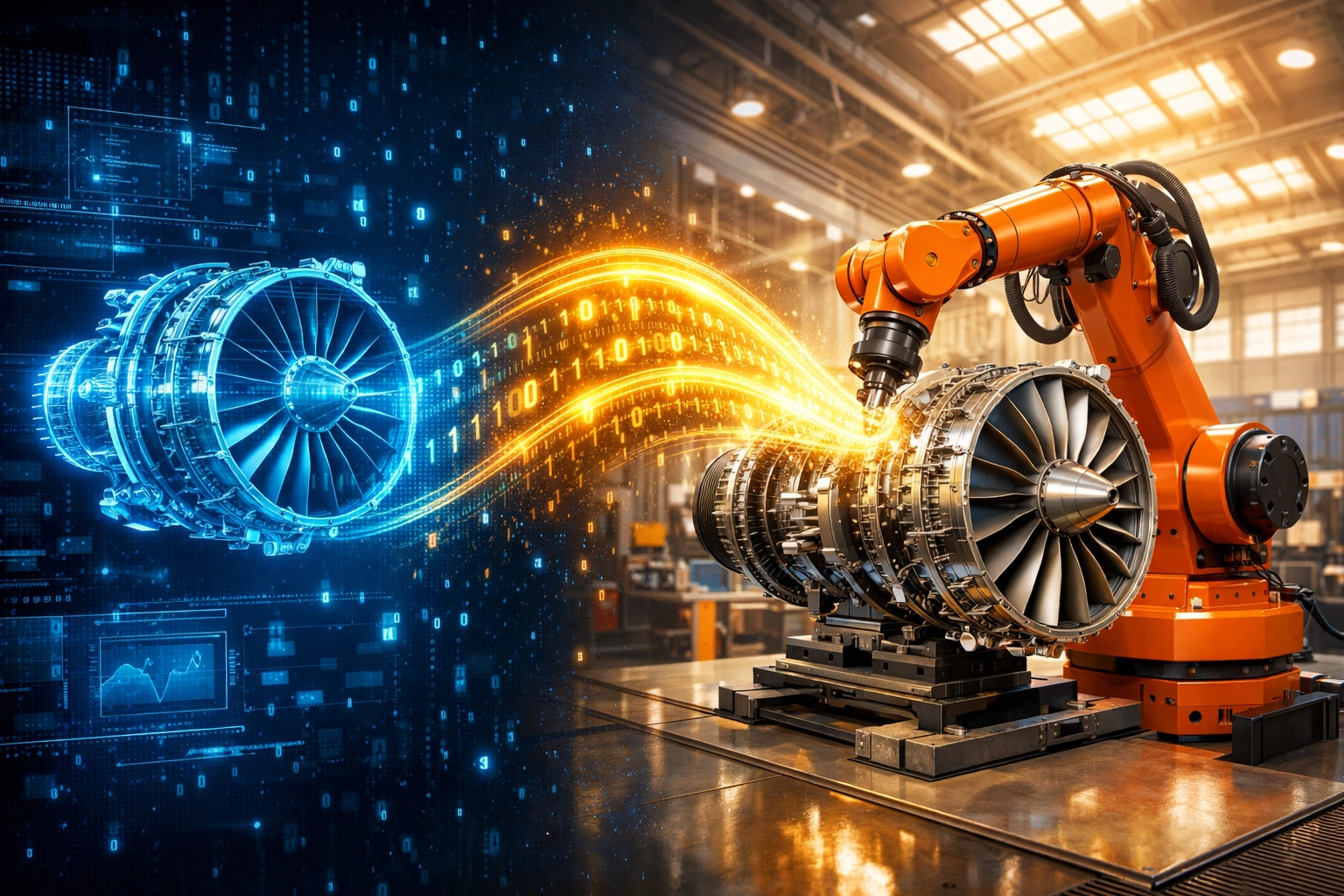 A digital engine model linked to a robotic factory arm, illustrating manufacturing process optimization.