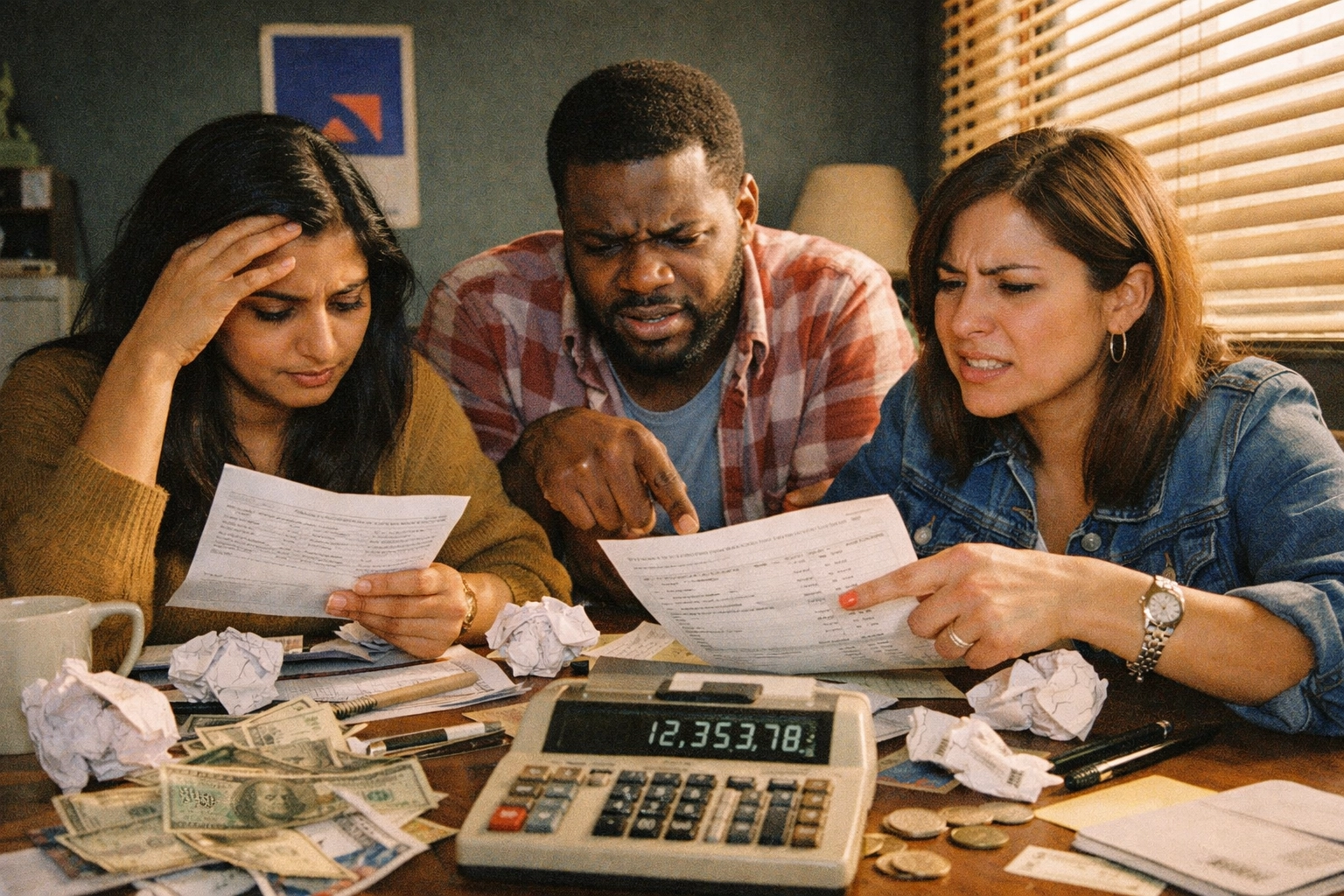 Frustrated freelancers reviewing international banking fees and complex paperwork for non-resident accounts