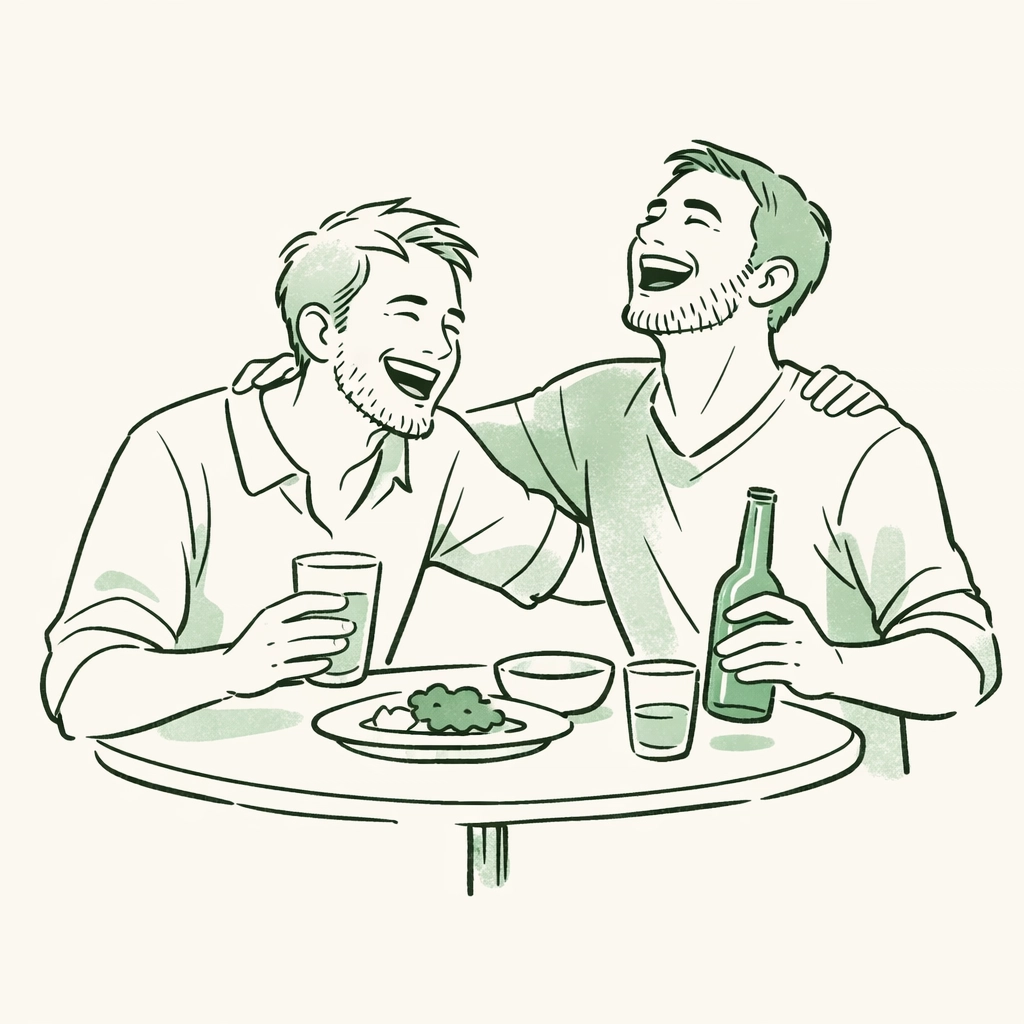 Two gay men laughing together at a table, celebrating the authentic bonds of found family and queer joy.