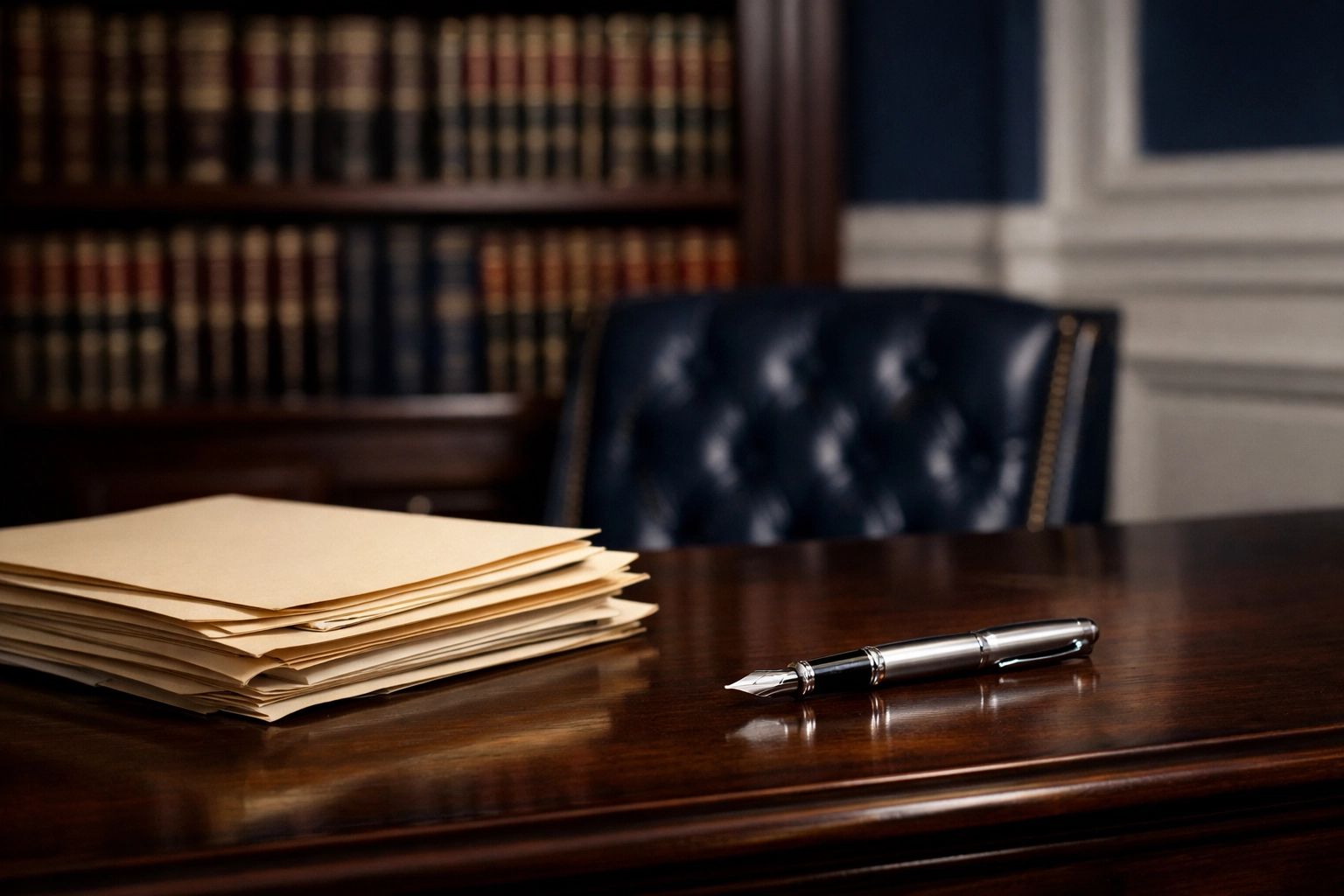 Organized mahogany law office desk in Brookline representing discreet professional cleaning.