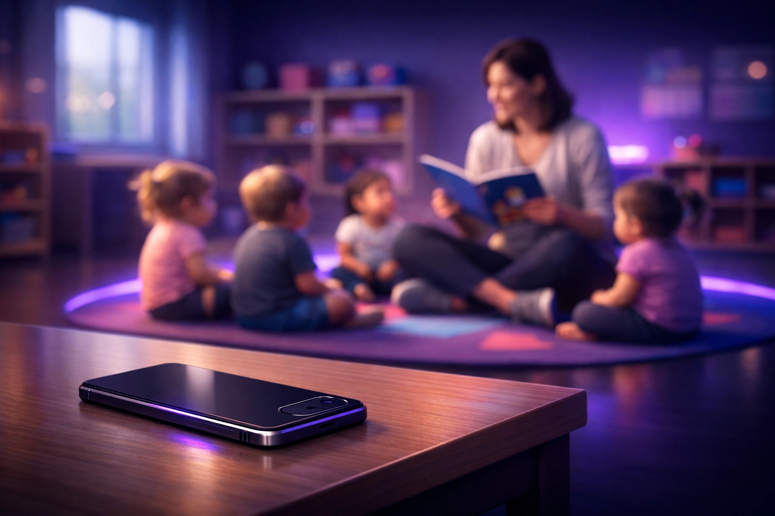 Daycare teacher reading to children during story time while phone remains untouched on desk