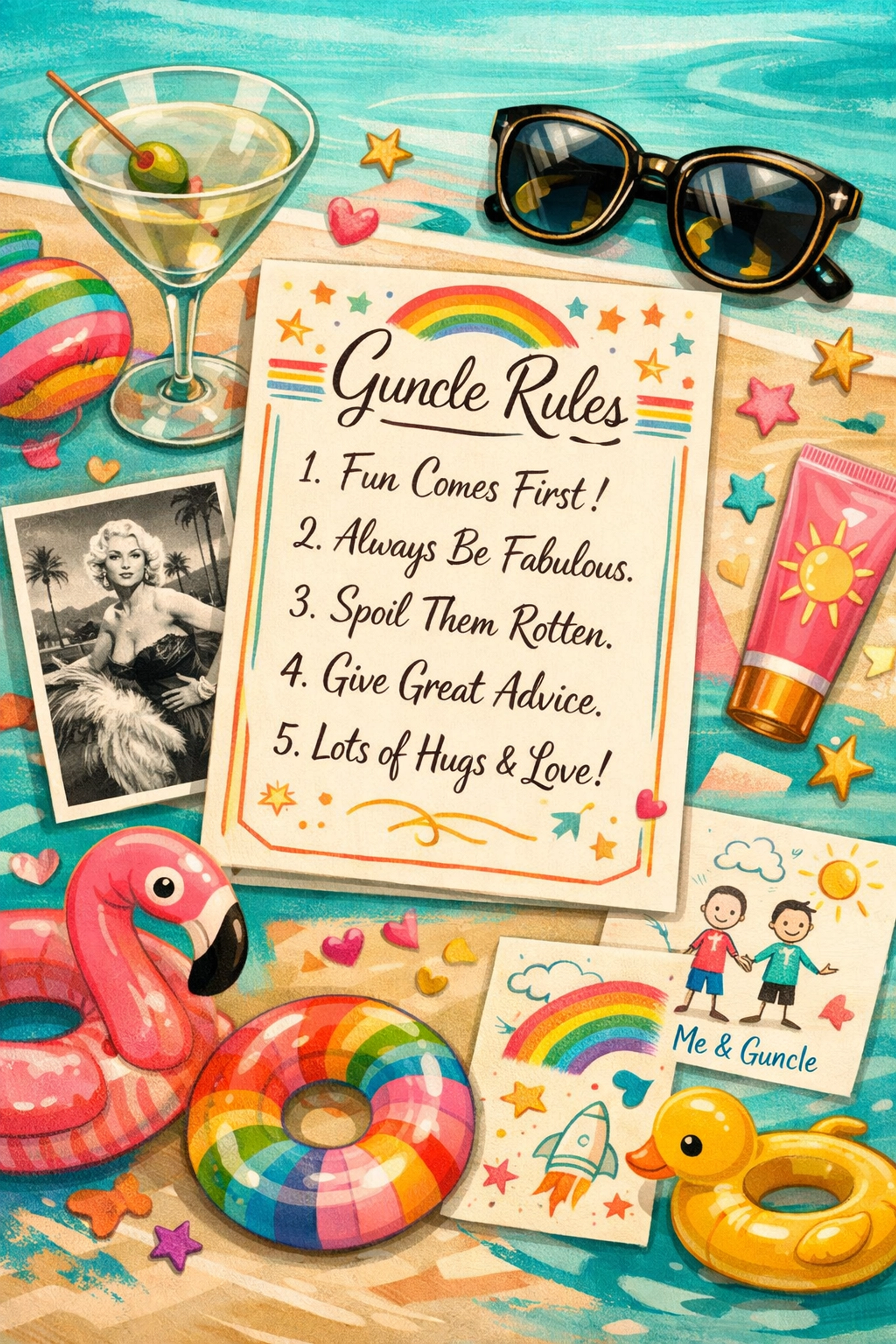The Guncle Rules illustrated with cocktails and designer items from LGBTQ+ novel